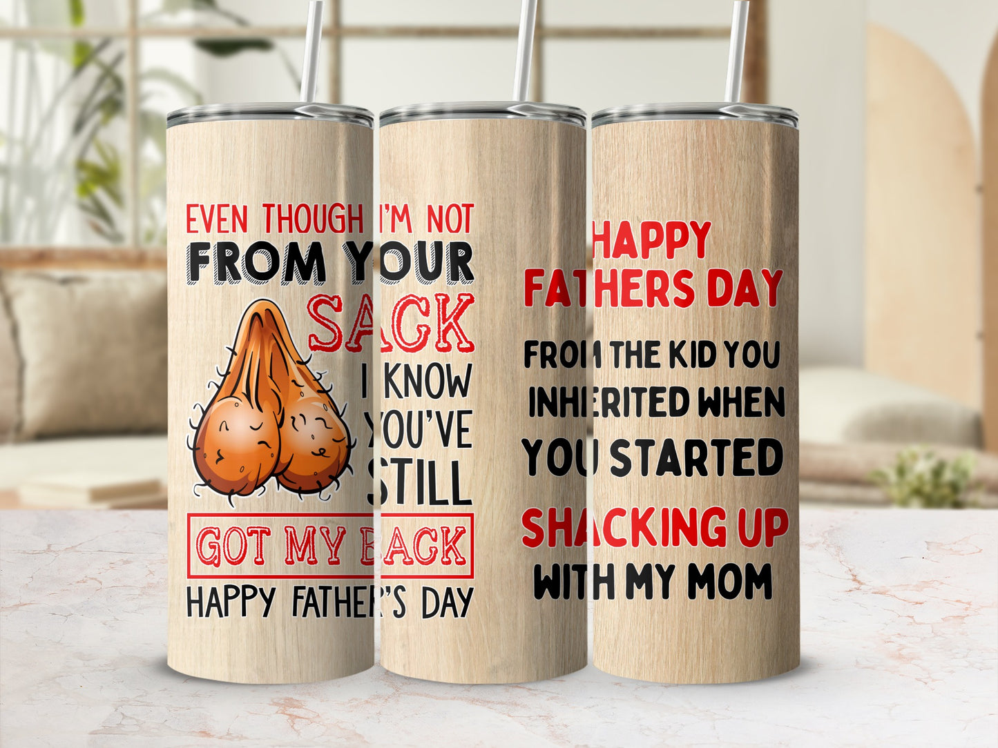Three tumblers with humorous Father's Day messages and graphics.