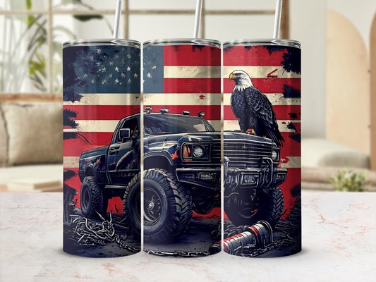 American flag, black pickup truck, eagle, and chains wrap around a tumbler.
