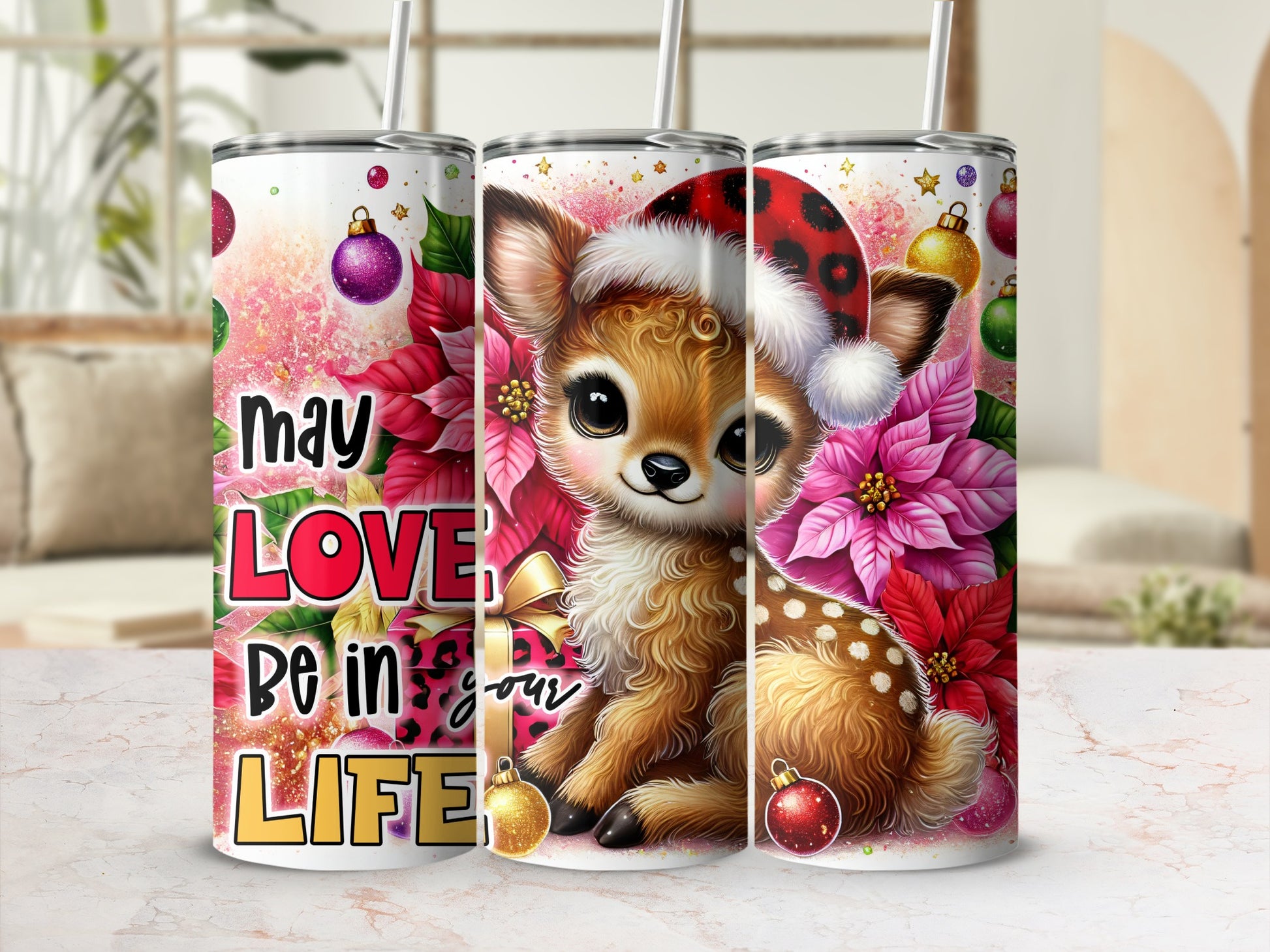 Deer with Santa hat and poinsettias, "May LOVE be IN your LIFE" text.
