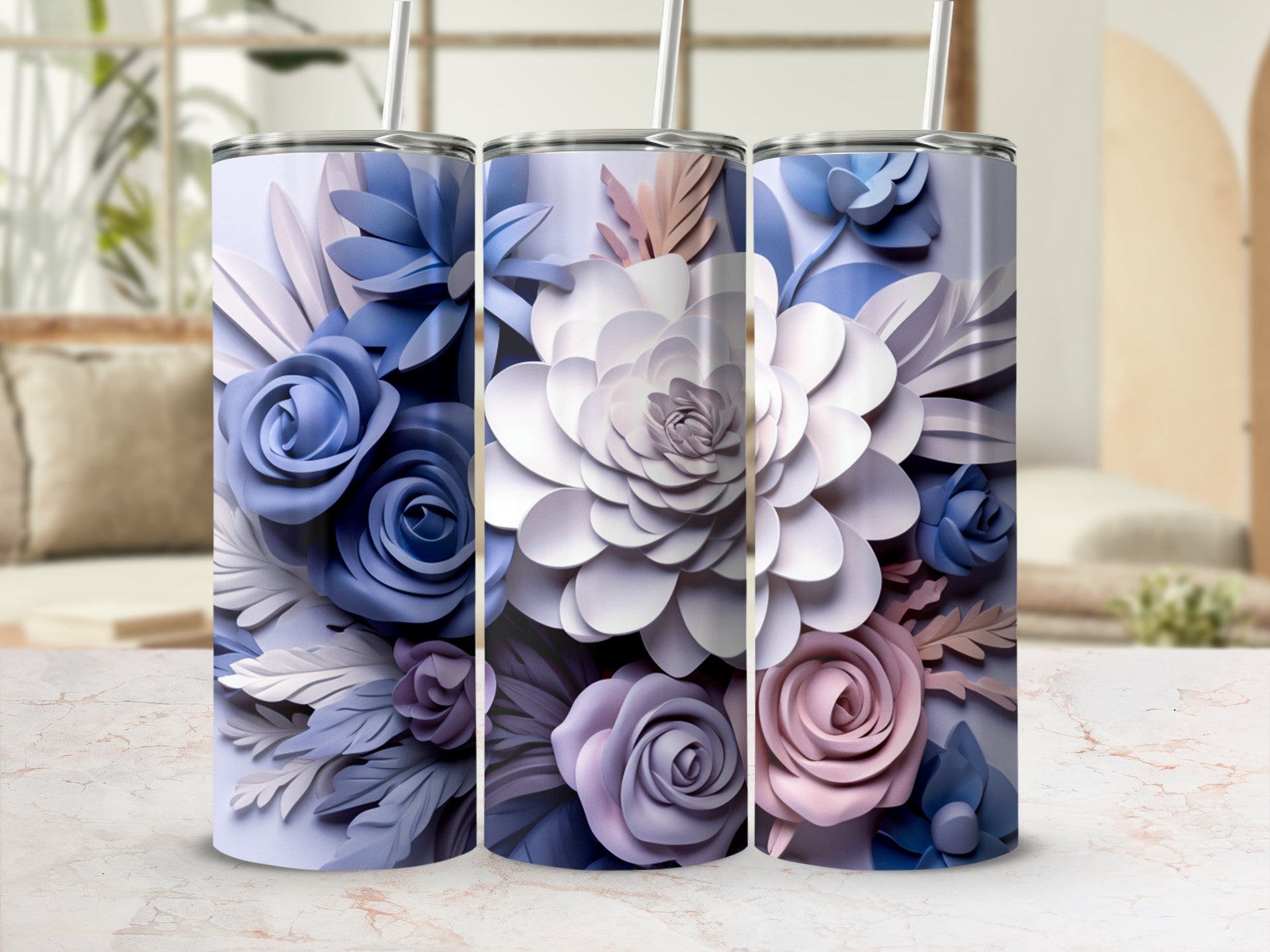 Floral tumbler with pastel blue, purple, and pink roses.