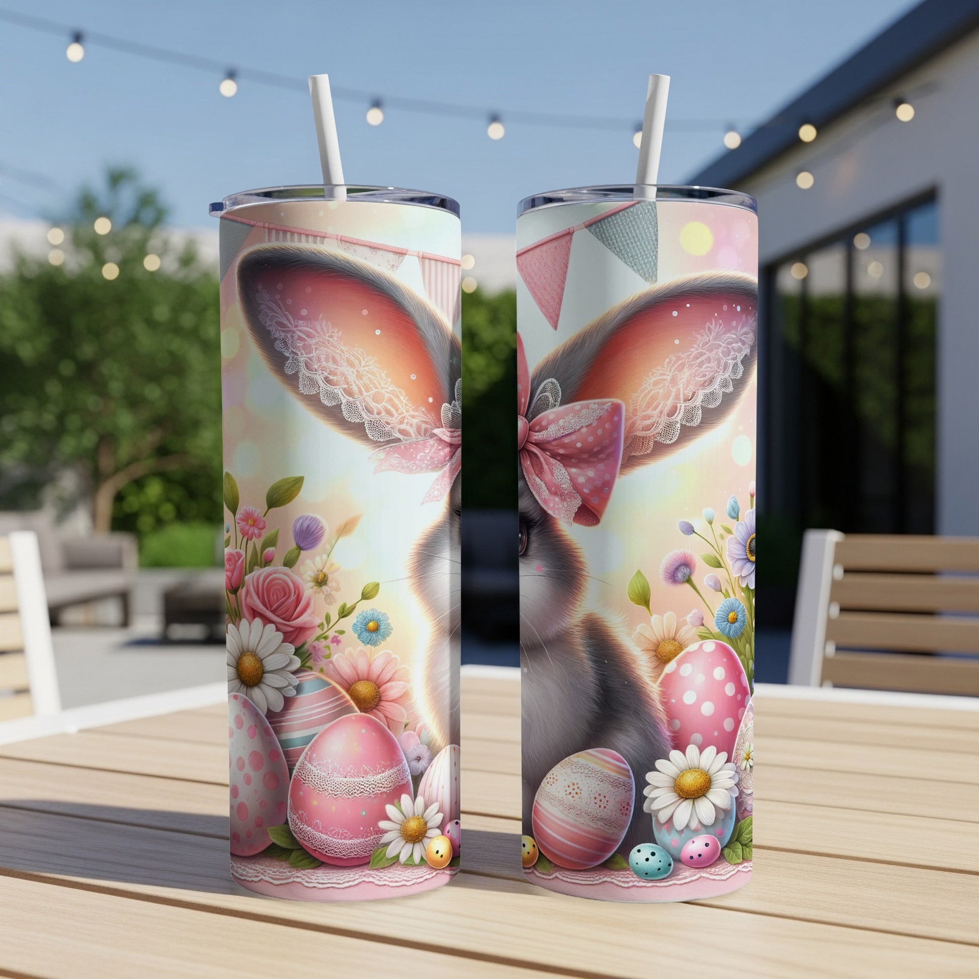 Two tall tumblers with Easter bunny, eggs, and floral designs.