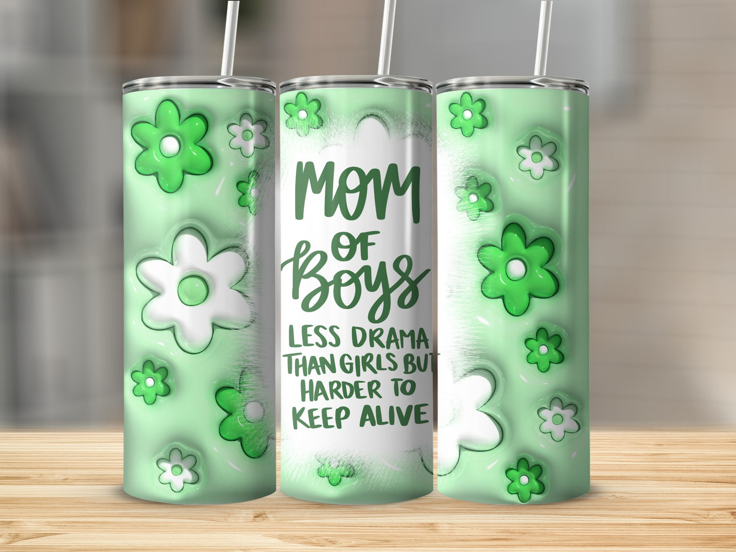 Mom of Boys Less Drama Quote Green Floral Tumbler