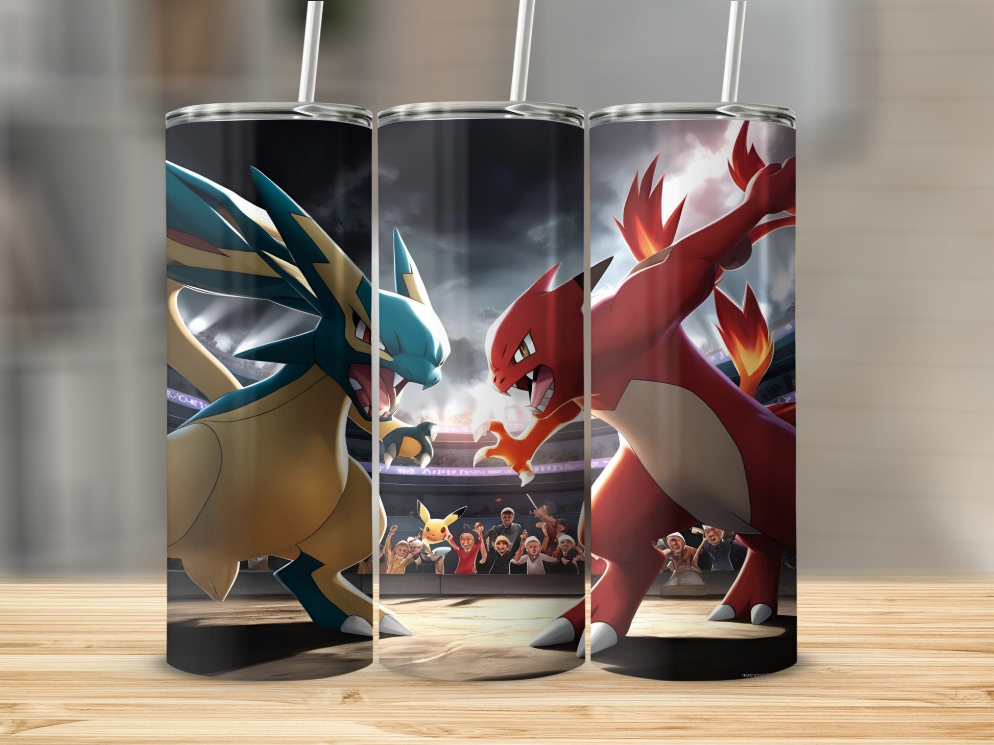 Dragonite and Charizard battling in stadium with cheering crowd.