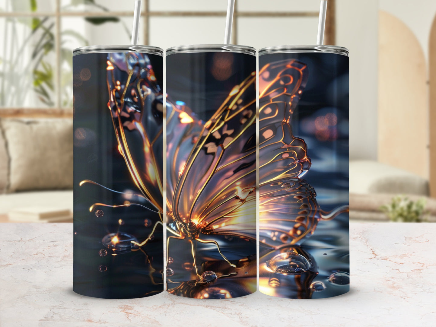 Three illuminated tumblers featuring a glowing, iridescent butterfly design.