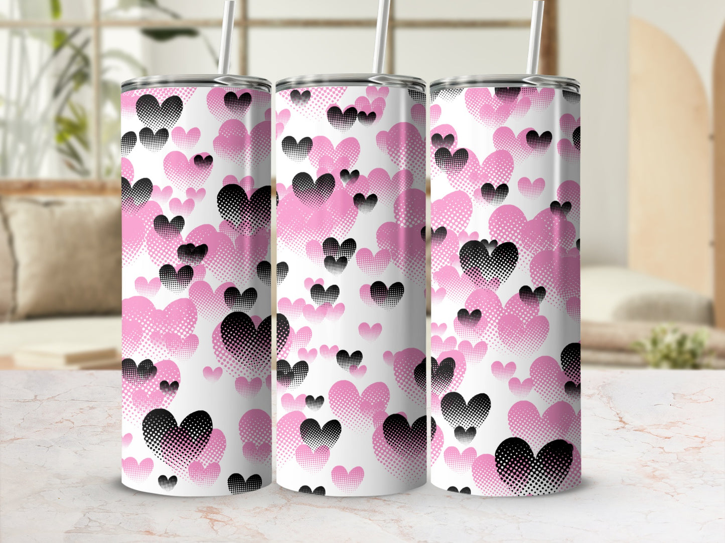 Pink and Black Heart Pattern on Insulated Tumbler