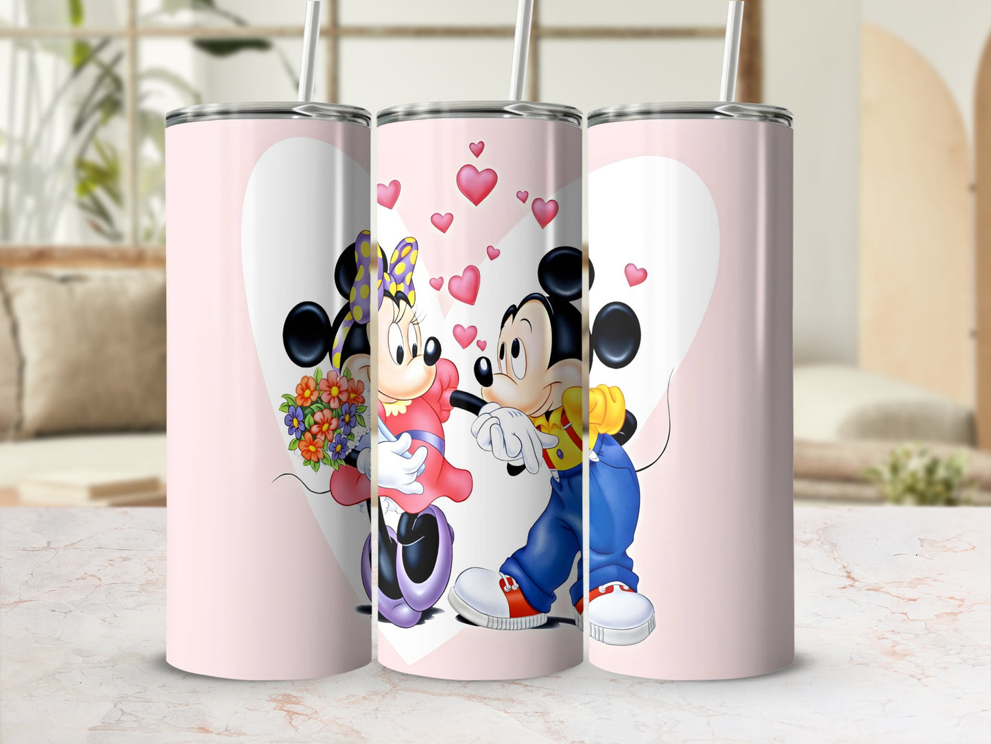 Minnie Mouse gives Mickey Mouse a bouquet of flowers, against a pink background with hearts.