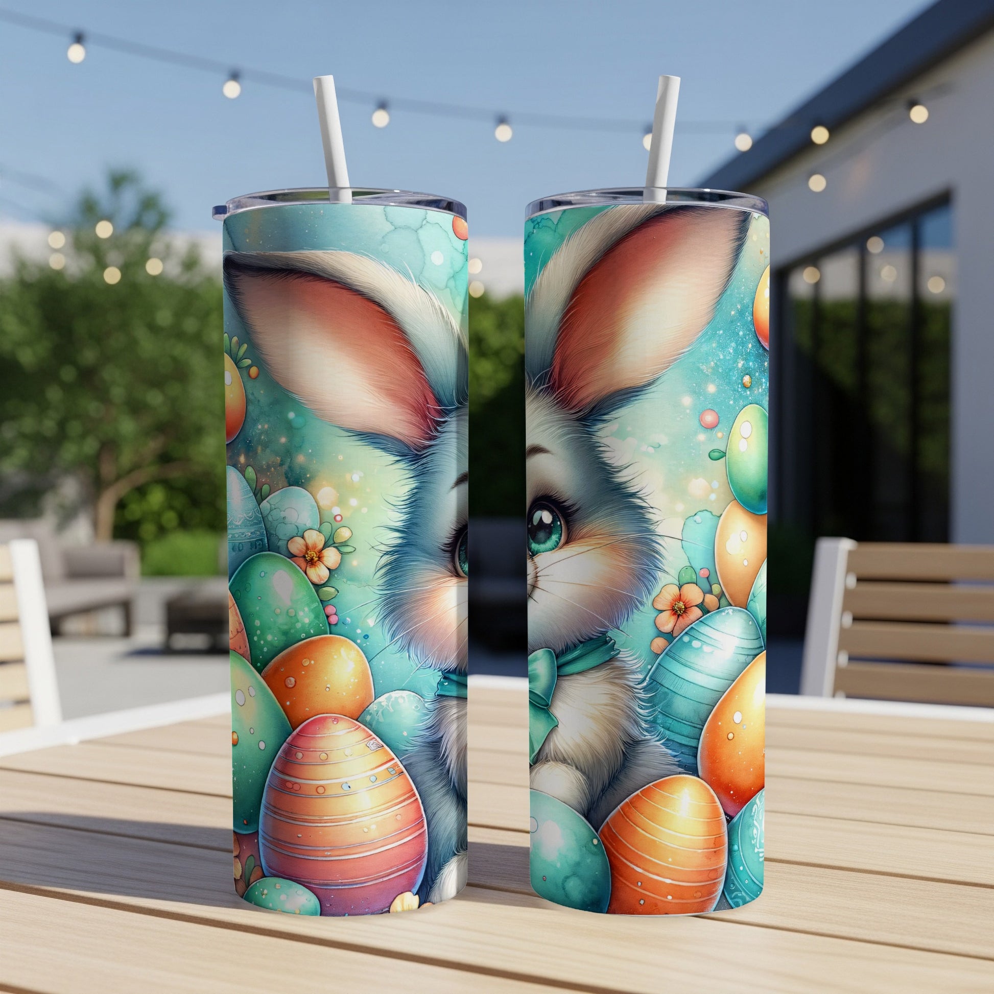 Easter bunny design on two tumblers with colorful eggs and subtle greenery.