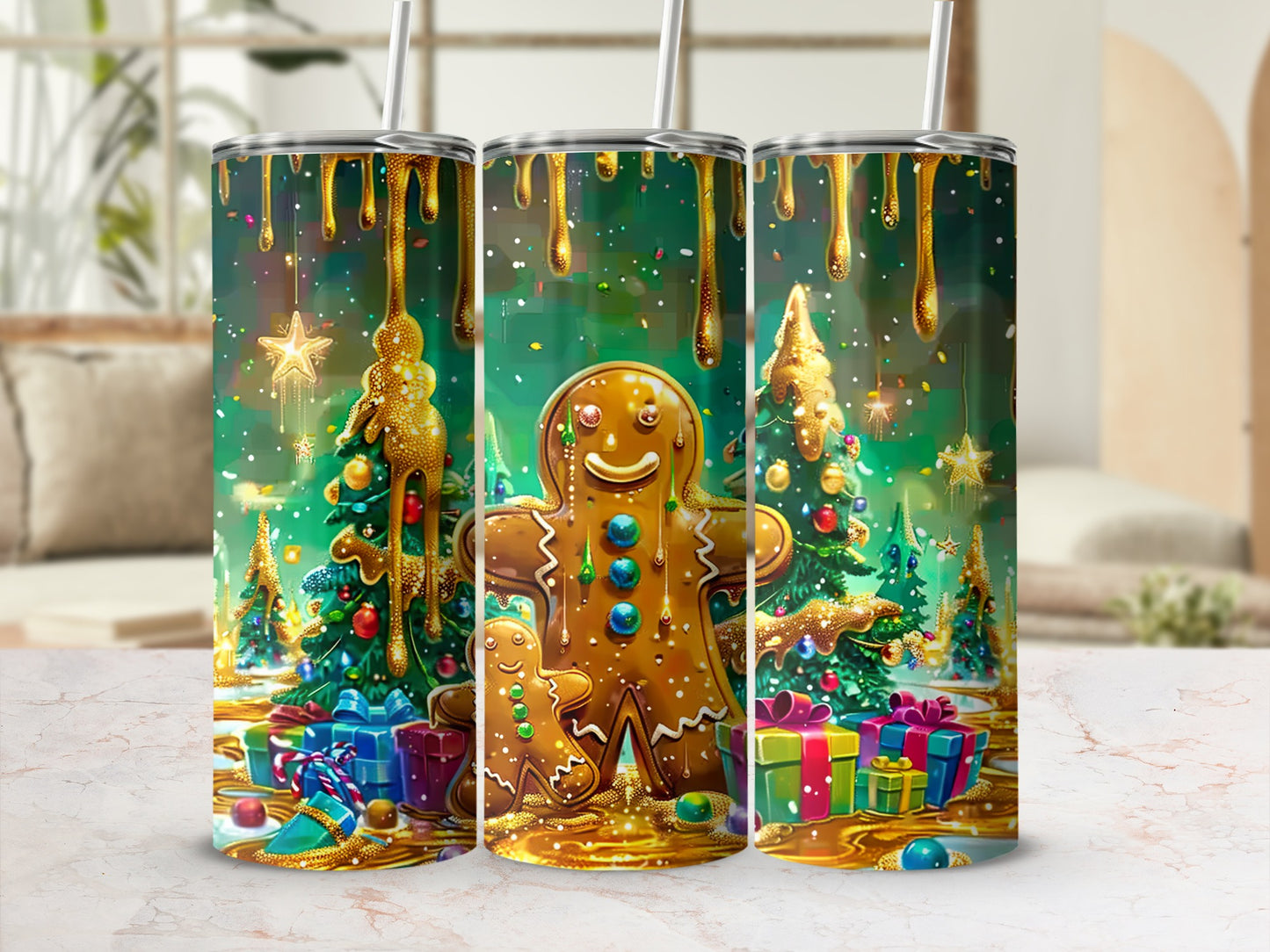 Gingerbread man and tree tumbler with gold drips and festive gifts.