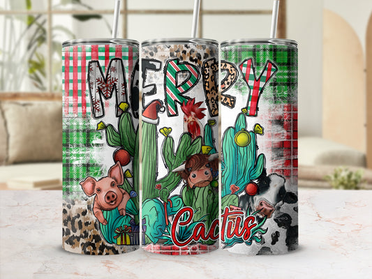 Three tumblers with festive cactus, farm animal, and plaid designs.