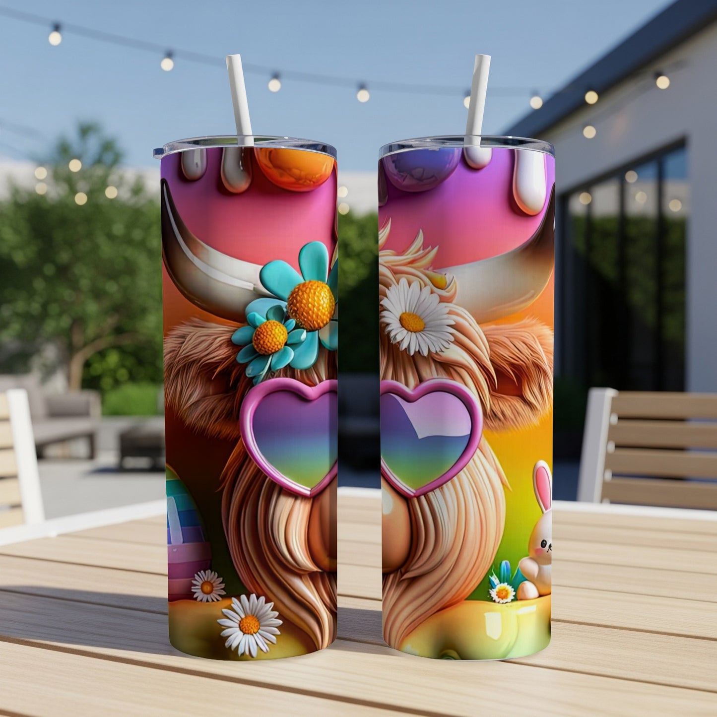 Highland cow with heart sunglasses and floral accents on a tumbler.