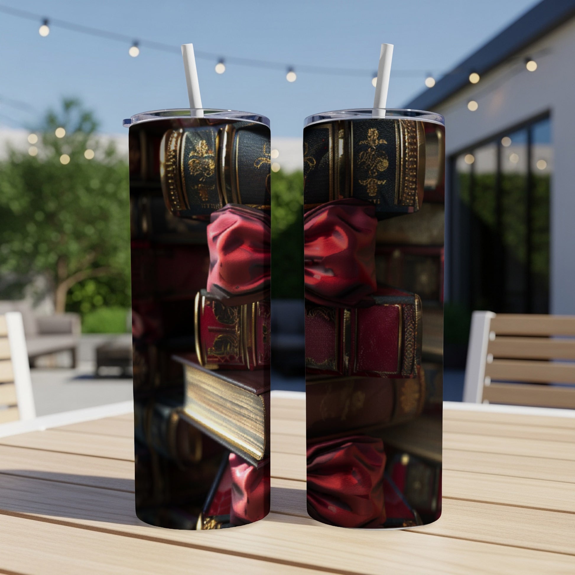 Stacked antique books with red fabric accents, outdoors.