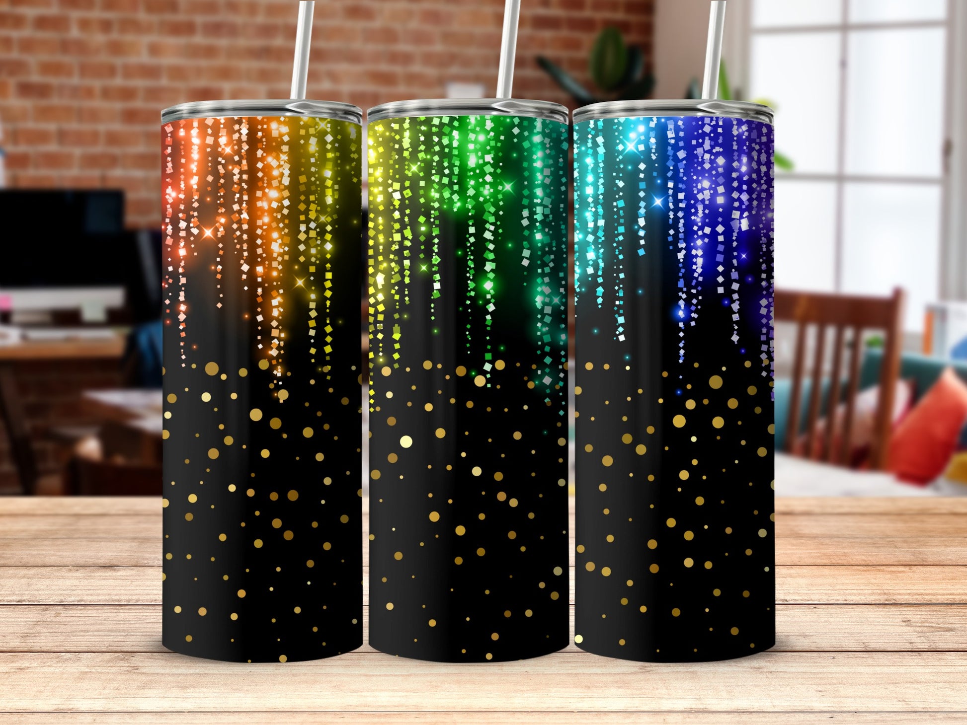 Colorful Sparkling Tumbler with Falling Rainbow Lights
