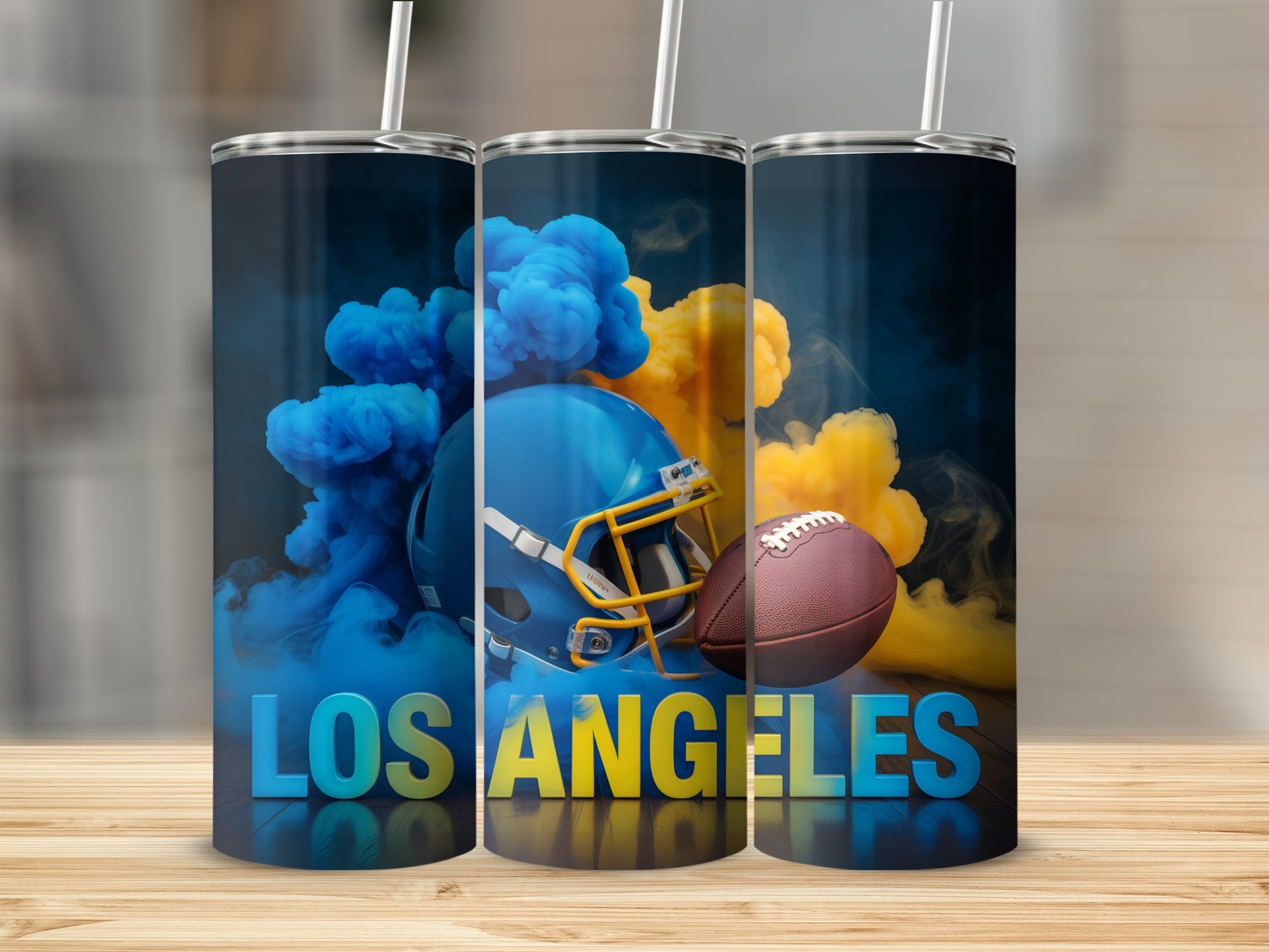 Los Angeles helmet and football with blue and yellow smoke.