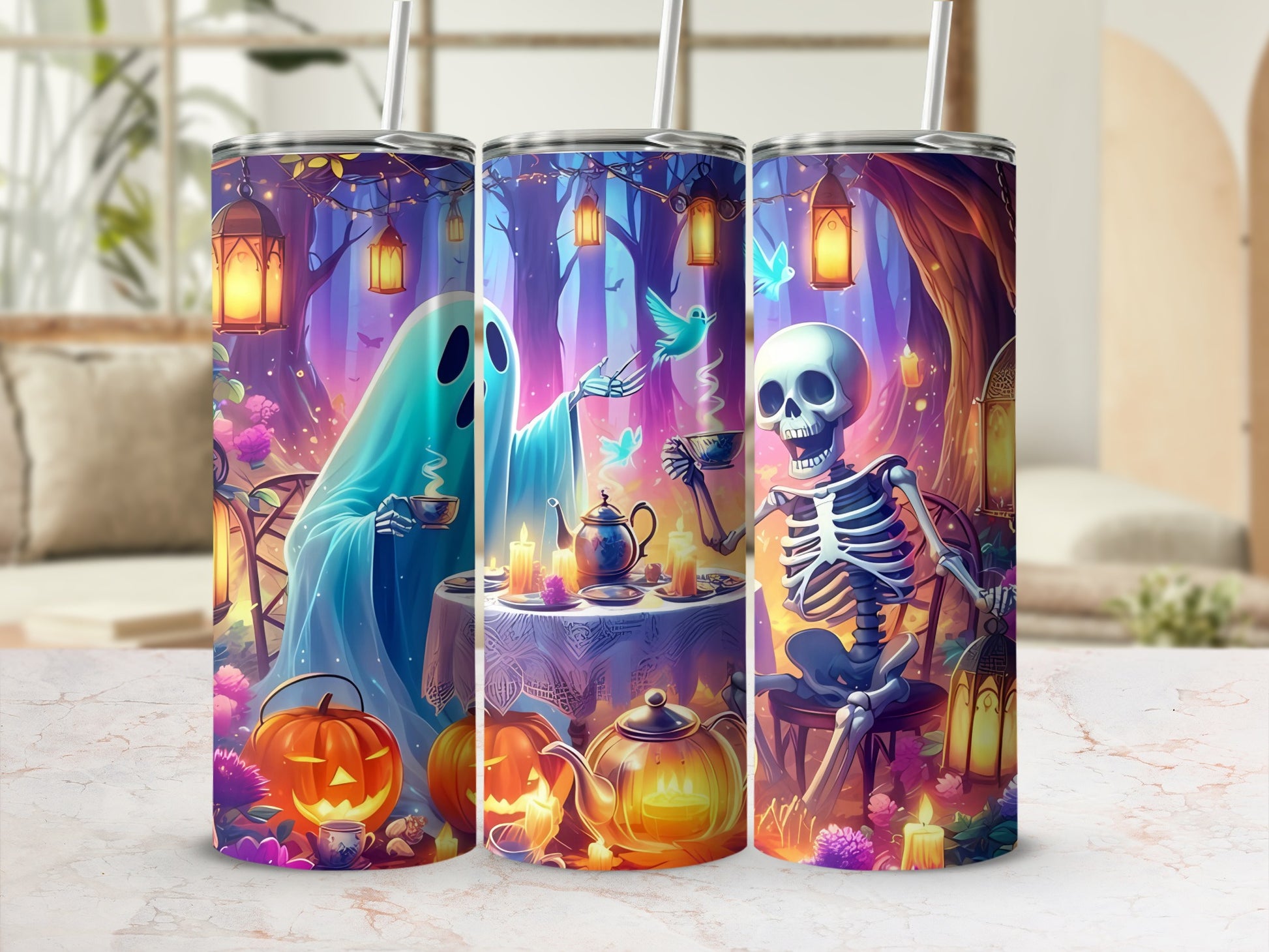 Spooky Halloween Ghost and Skeleton Tumbler product