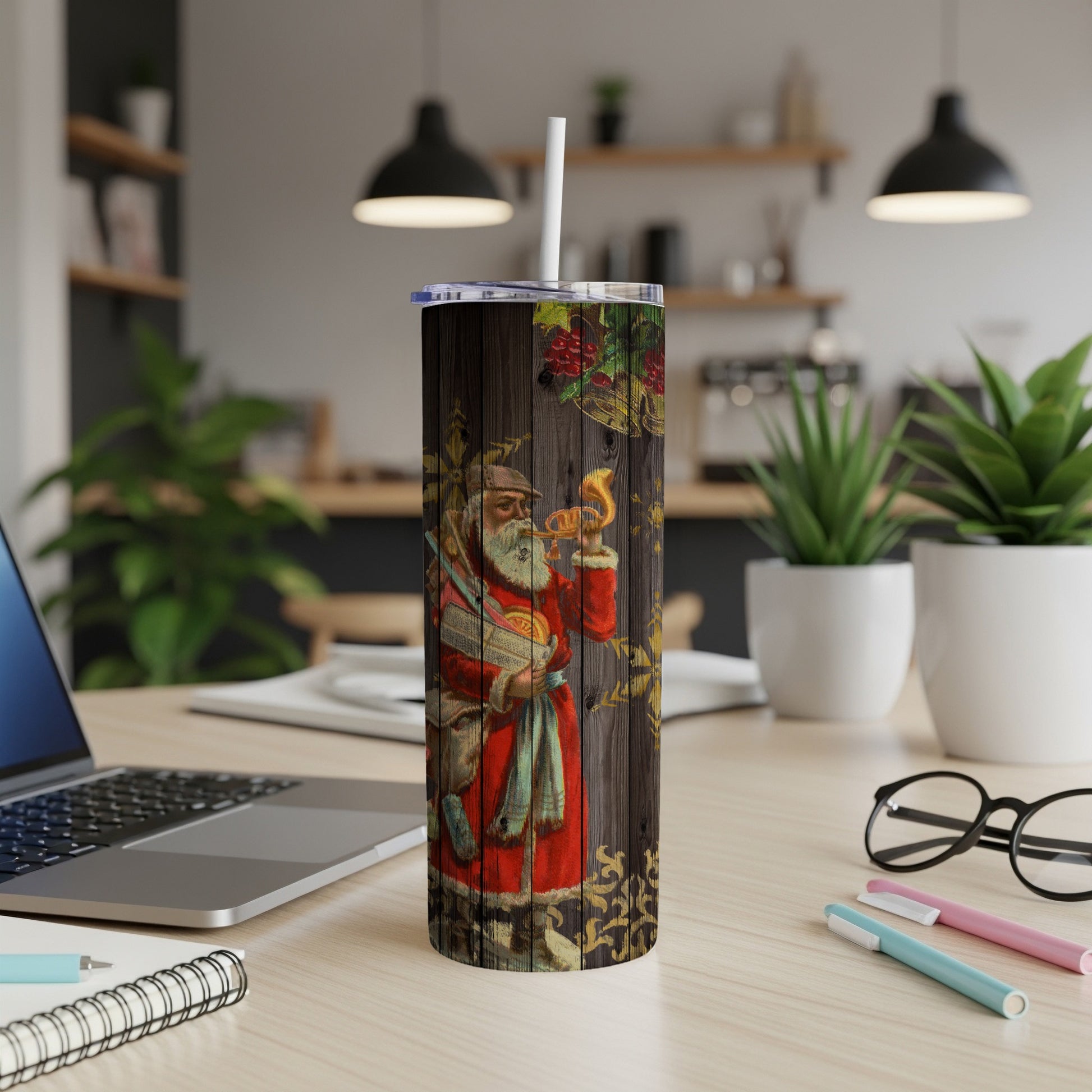 Wooden tumbler featuring Santa Claus holding a horn with a white straw.