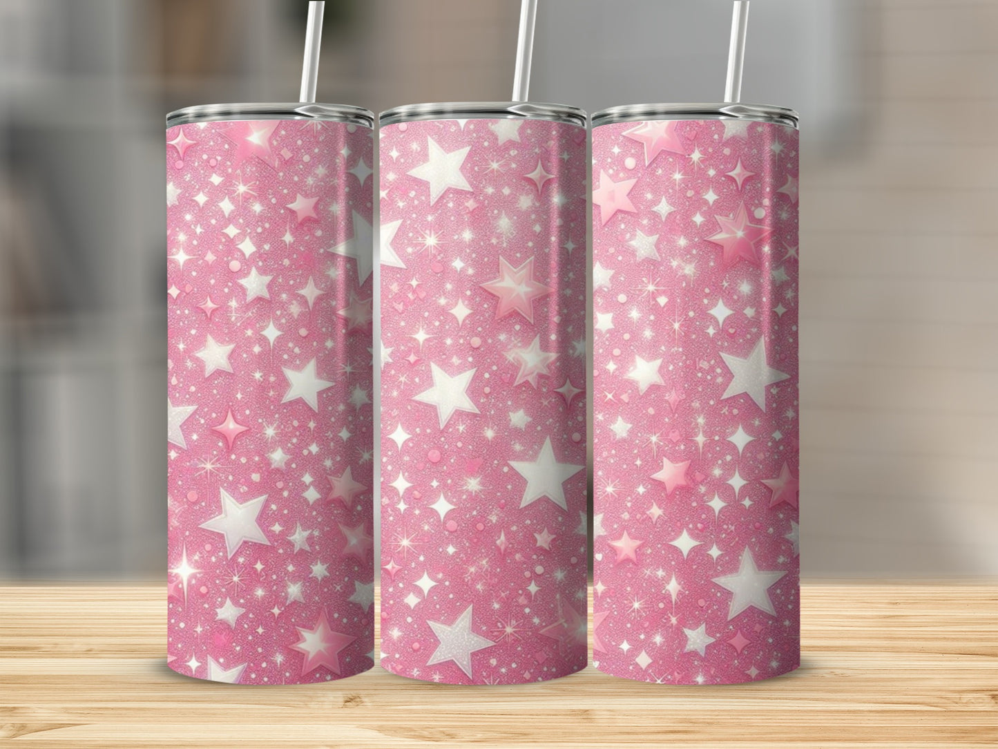 Pink tumbler with white and iridescent glitter stars.