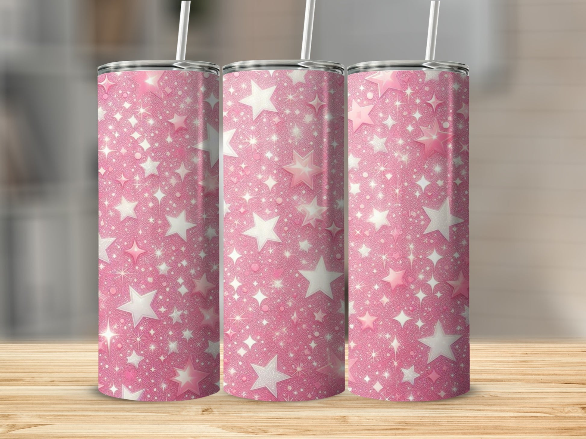 Pink tumbler with white and iridescent glitter stars.