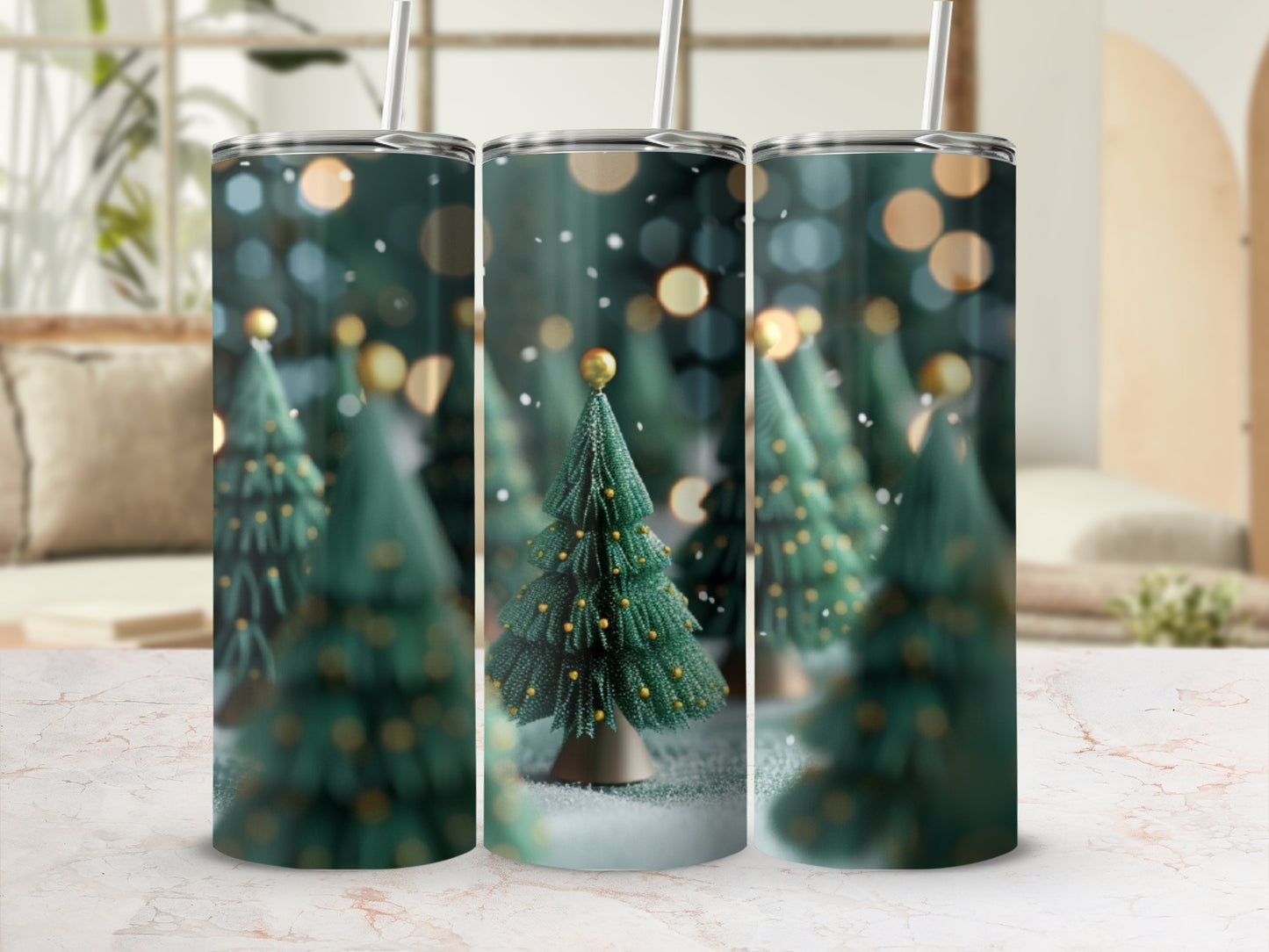 Triptych of Christmas tree tumblers with bokeh lights and falling snow.