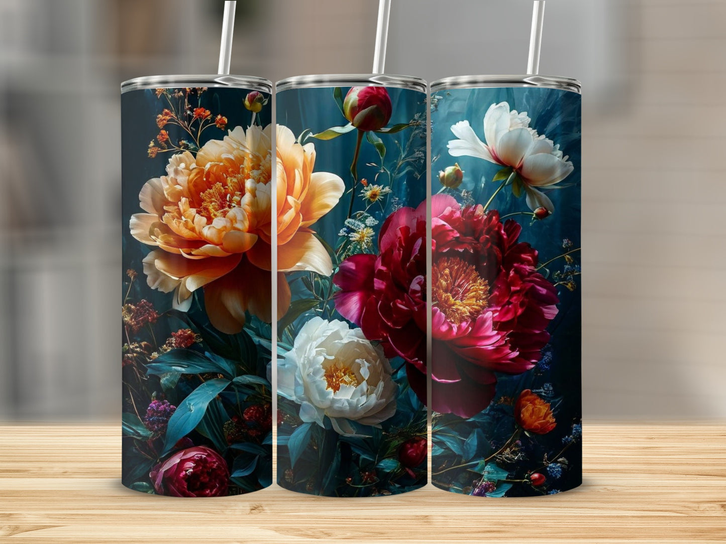 Three tumblers featuring vibrant floral illustrations of peonies.
