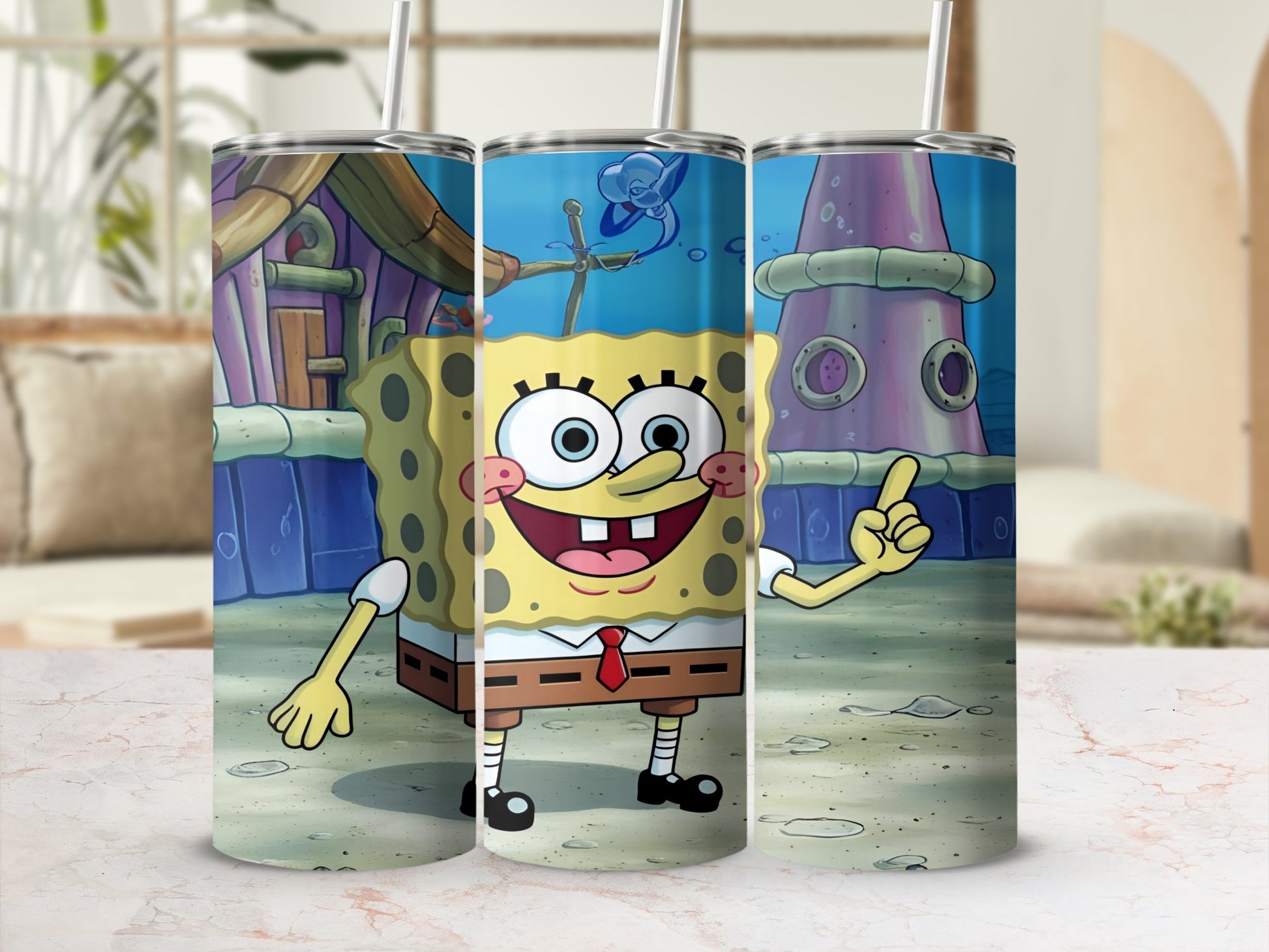 SpongeBob SquarePants pointing with a straw in a cartoon ocean setting.