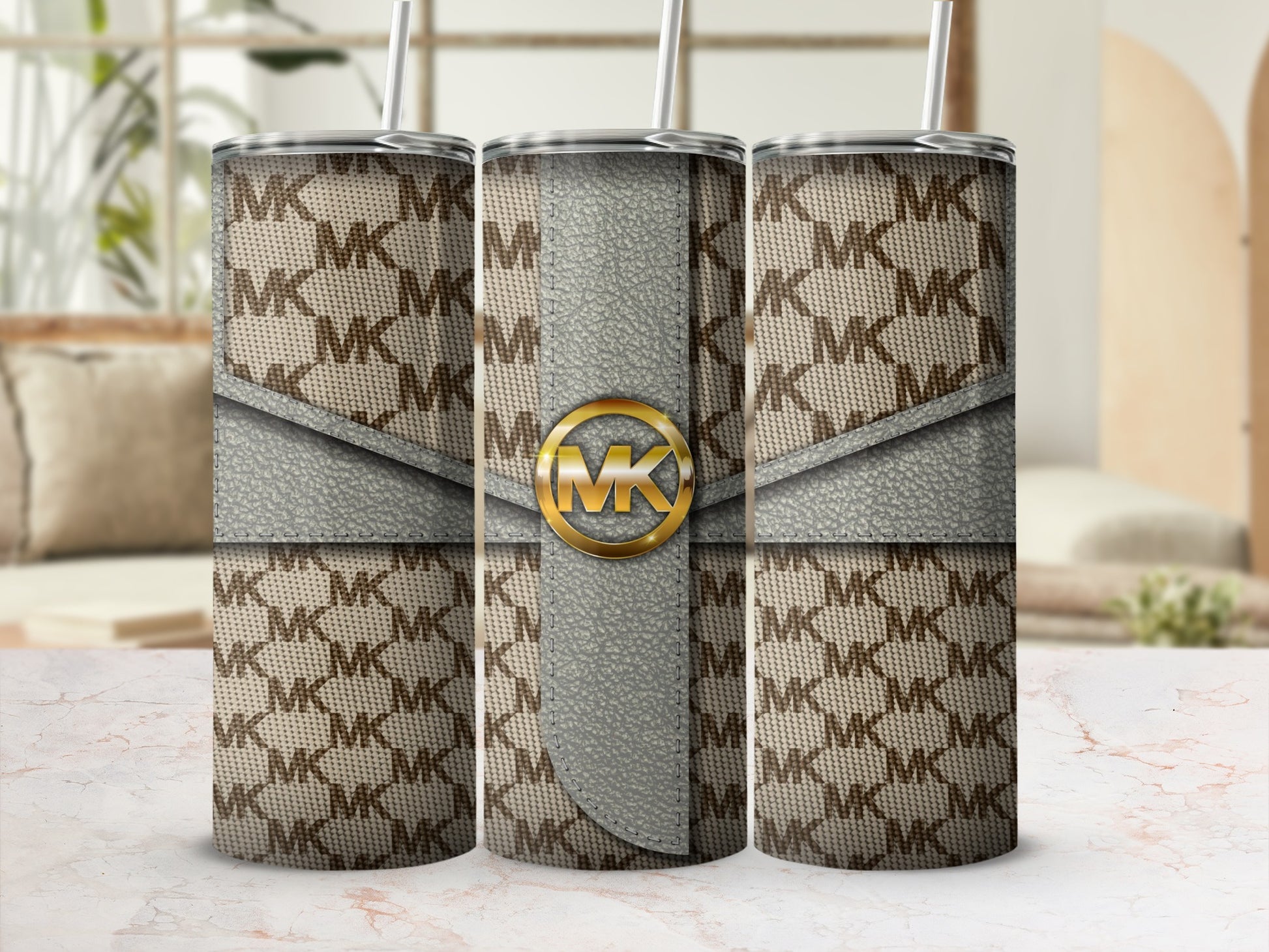 Stylish MK Patterned Tumbler with Gold Accent Tumbler