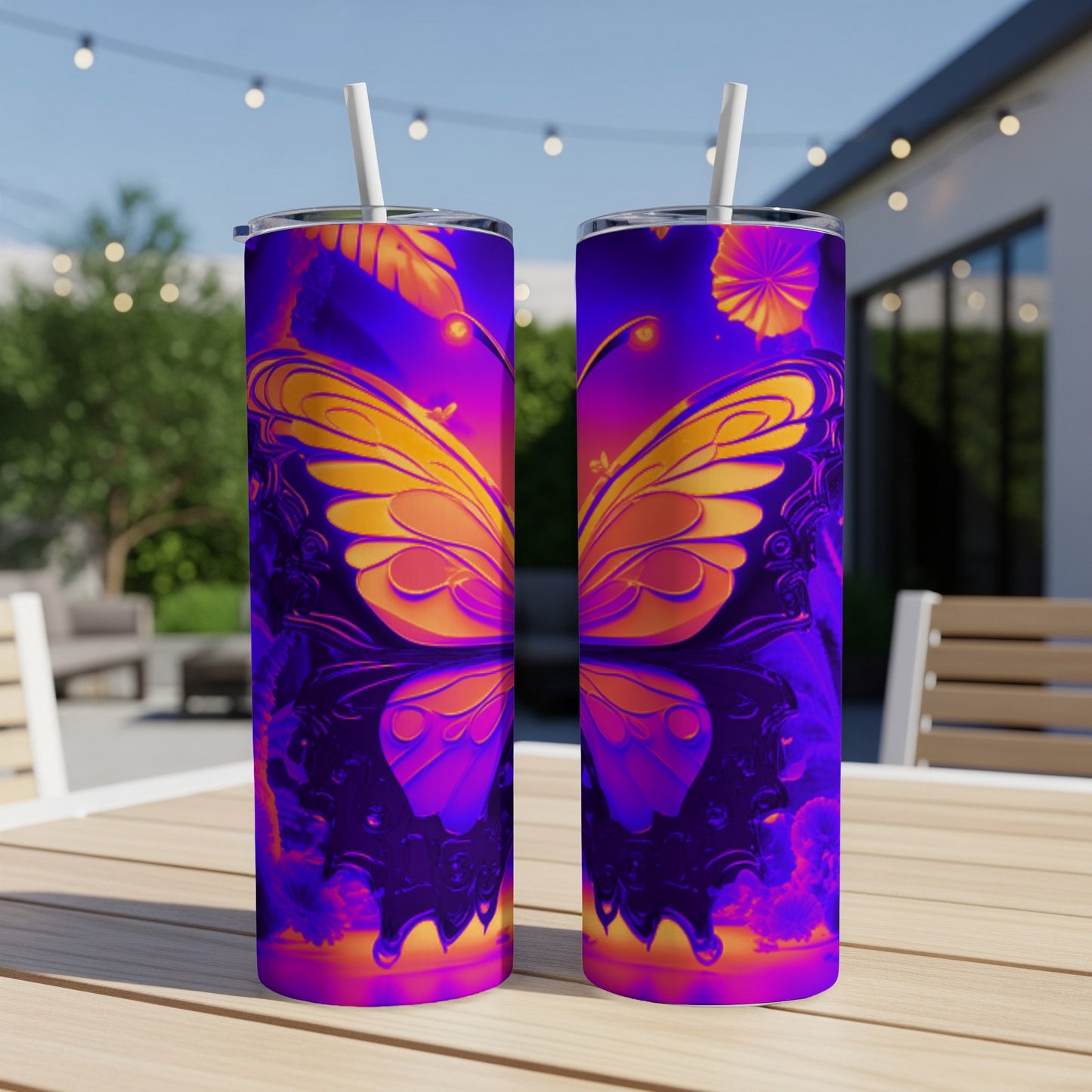 Two tall tumblers with iridescent butterfly design on outdoor table.