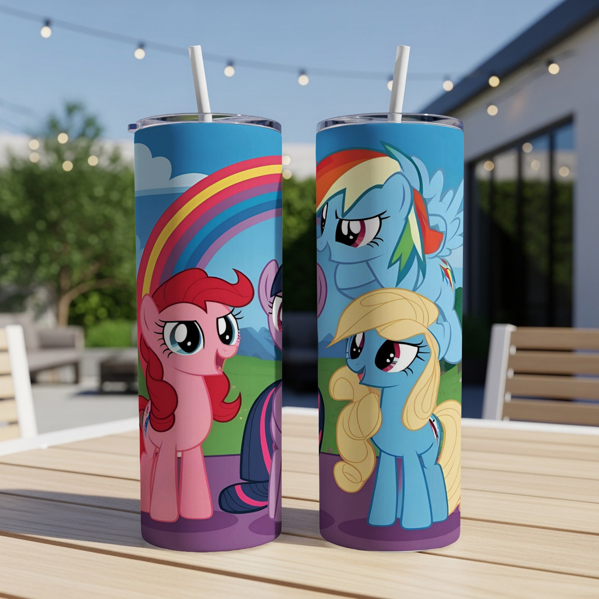 My Little Pony characters Pinkie Pie, Rainbow Dash, and Applejack on a tumbler.