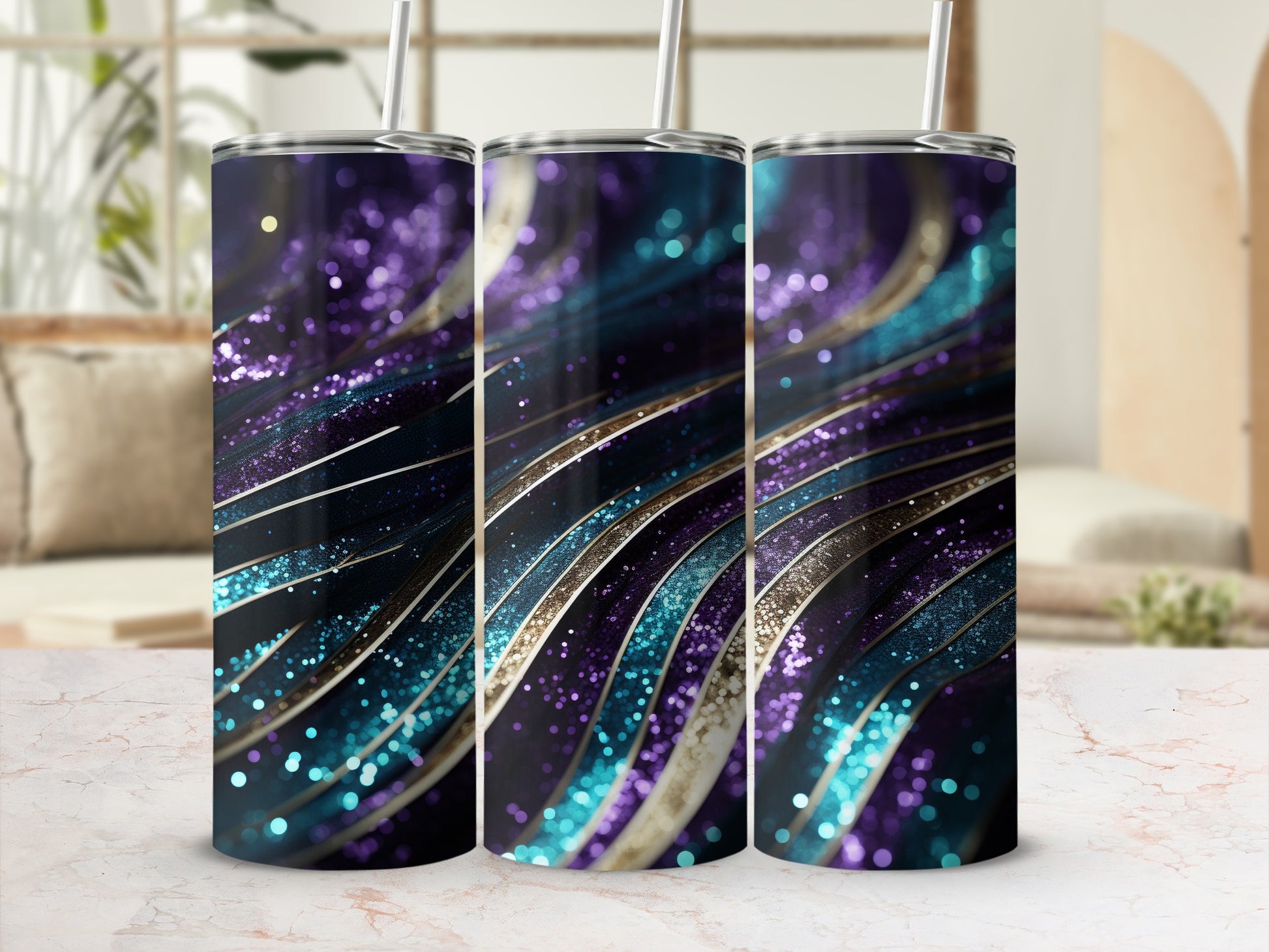 Purple Teal Gold Glitter Abstract Stripes Tumbler product type