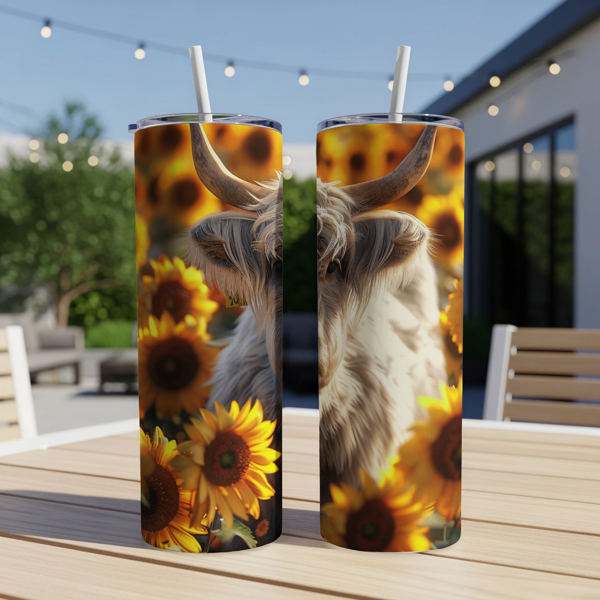 Highland cow with sunflowers on a tumbler.