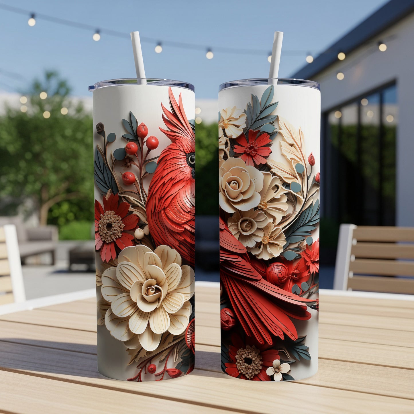 Two tall tumblers with a red cardinal and floral designs.