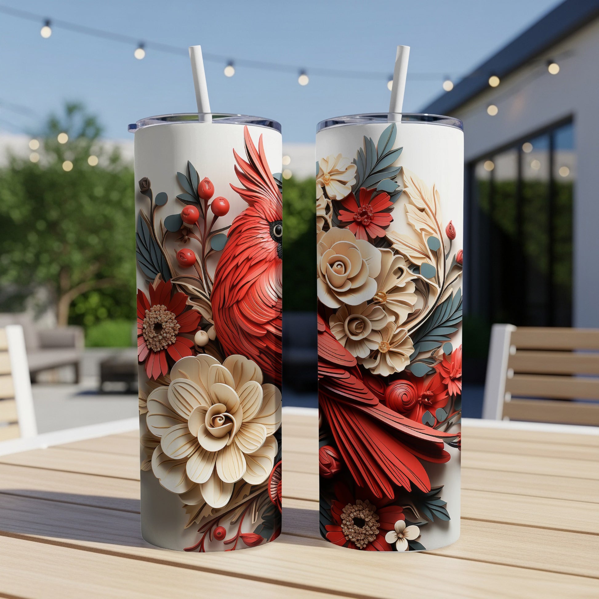 Two tall tumblers with a red cardinal and floral designs.