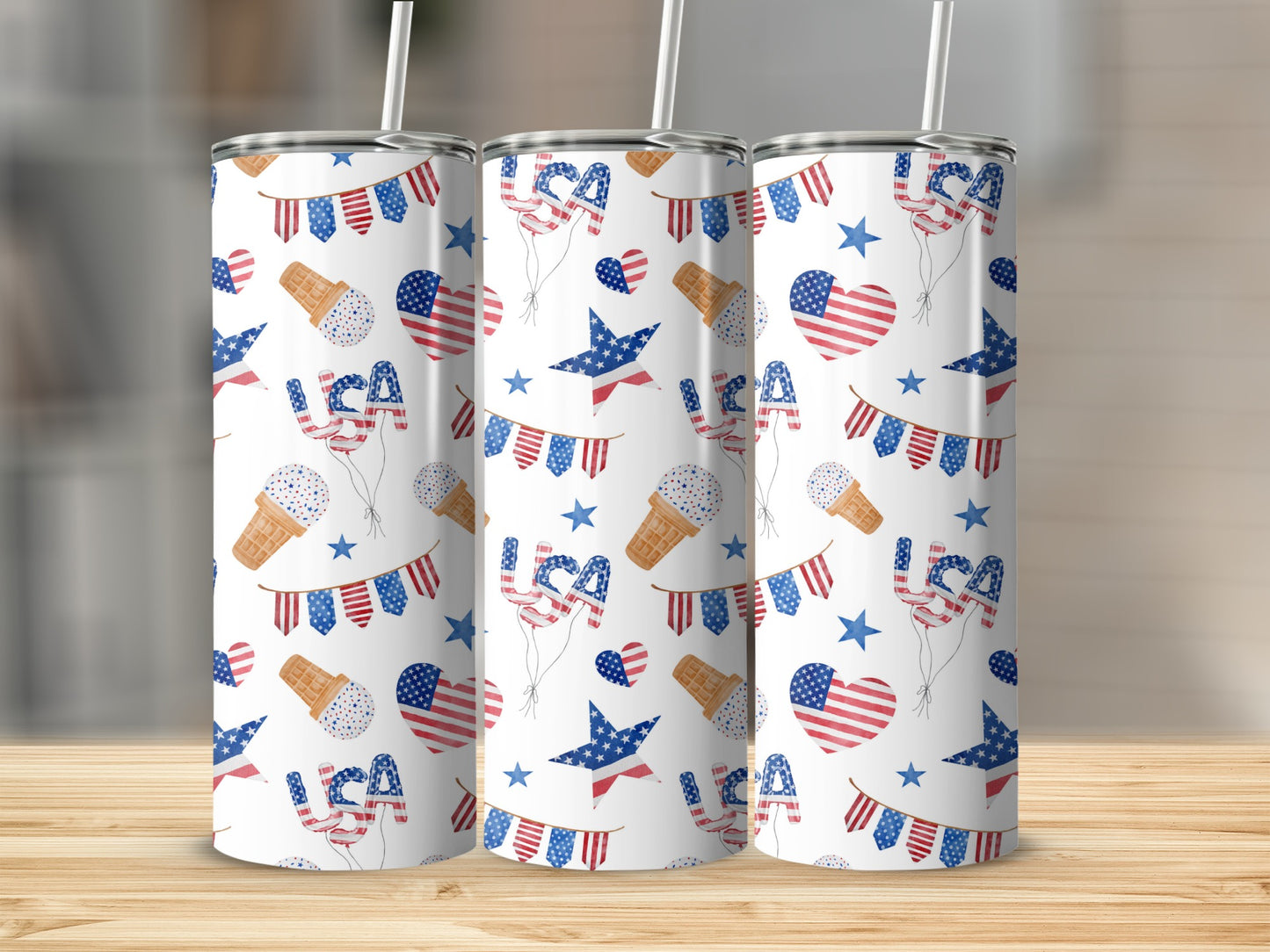 USA themed tumbler with ice cream cones, stars, and balloons.