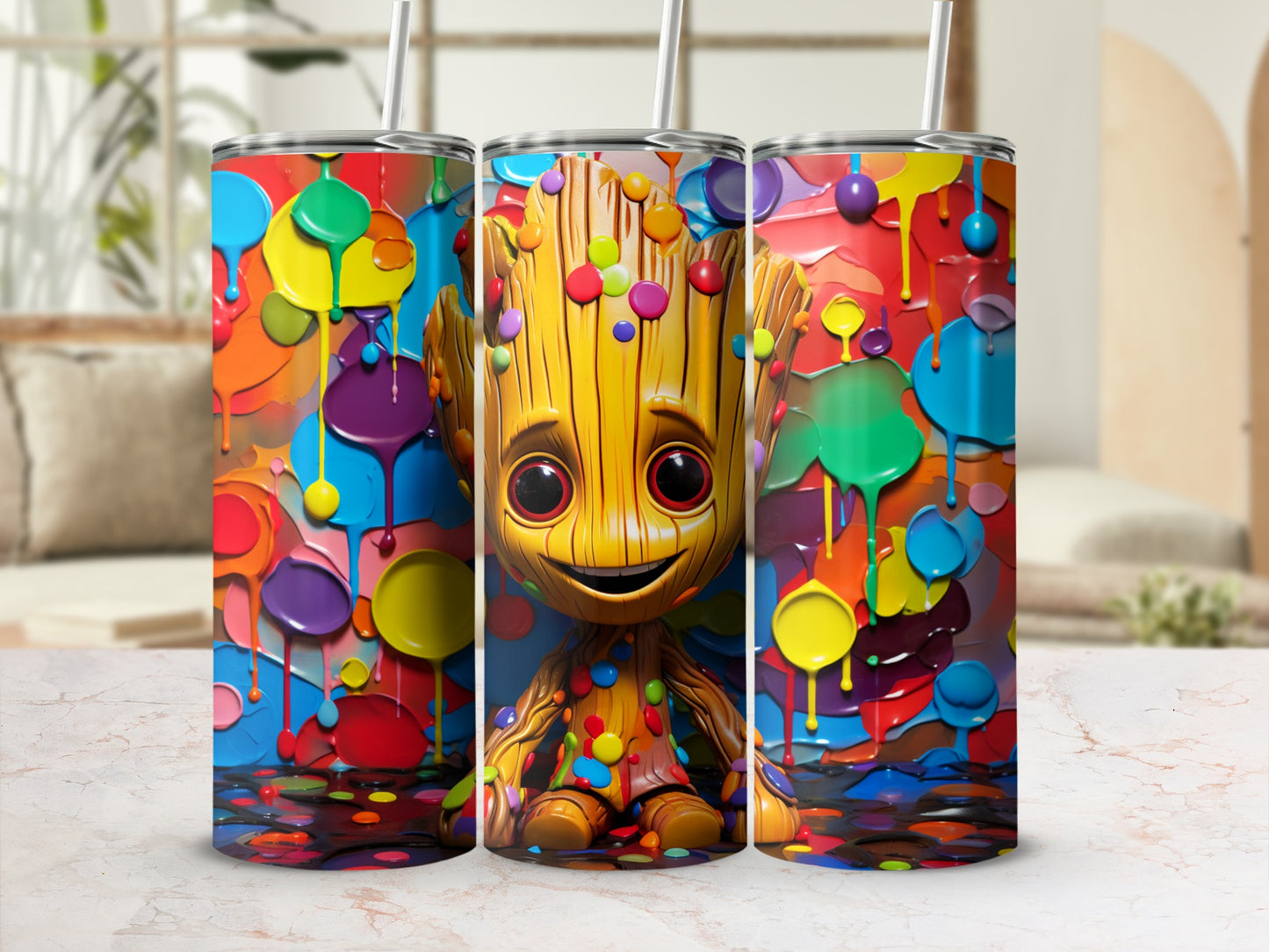 Colorful Dripping Paint Art Tumbler With Fun Character Design