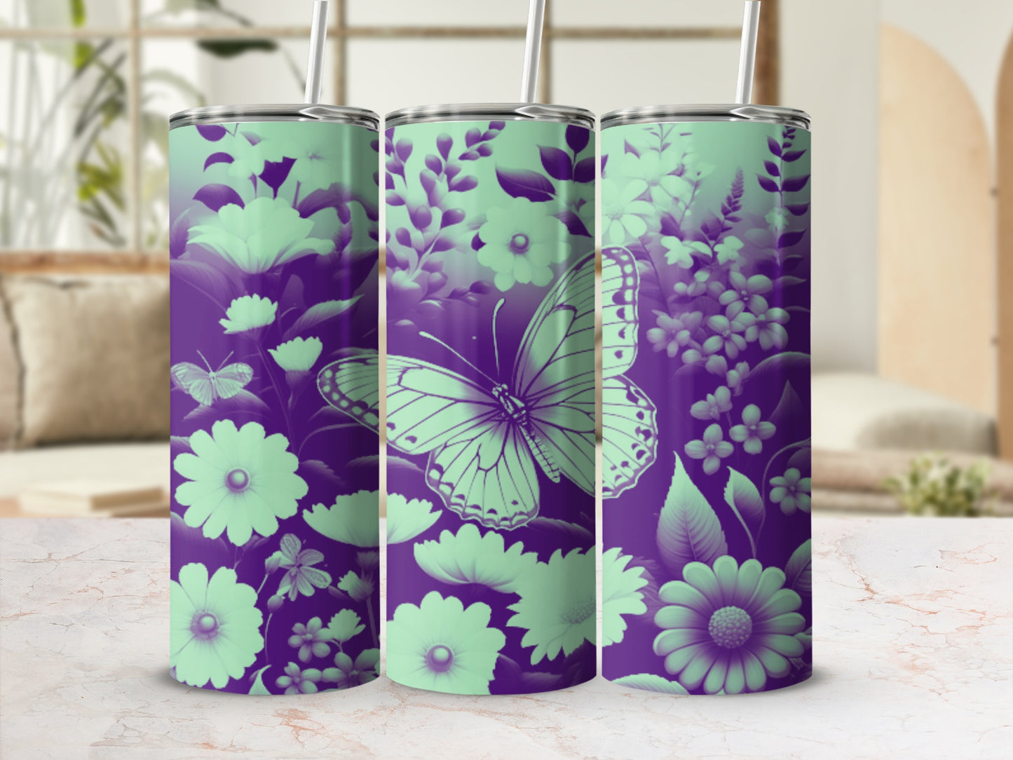 Purple tumbler with mint green floral design and butterfly.