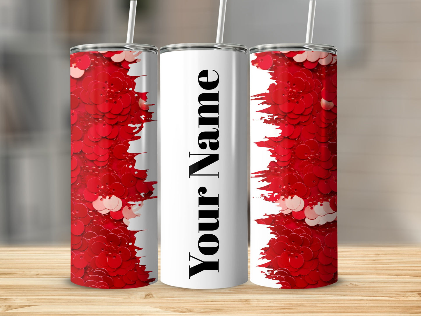 Personalized Red Glitter Design Tumbler with Straw