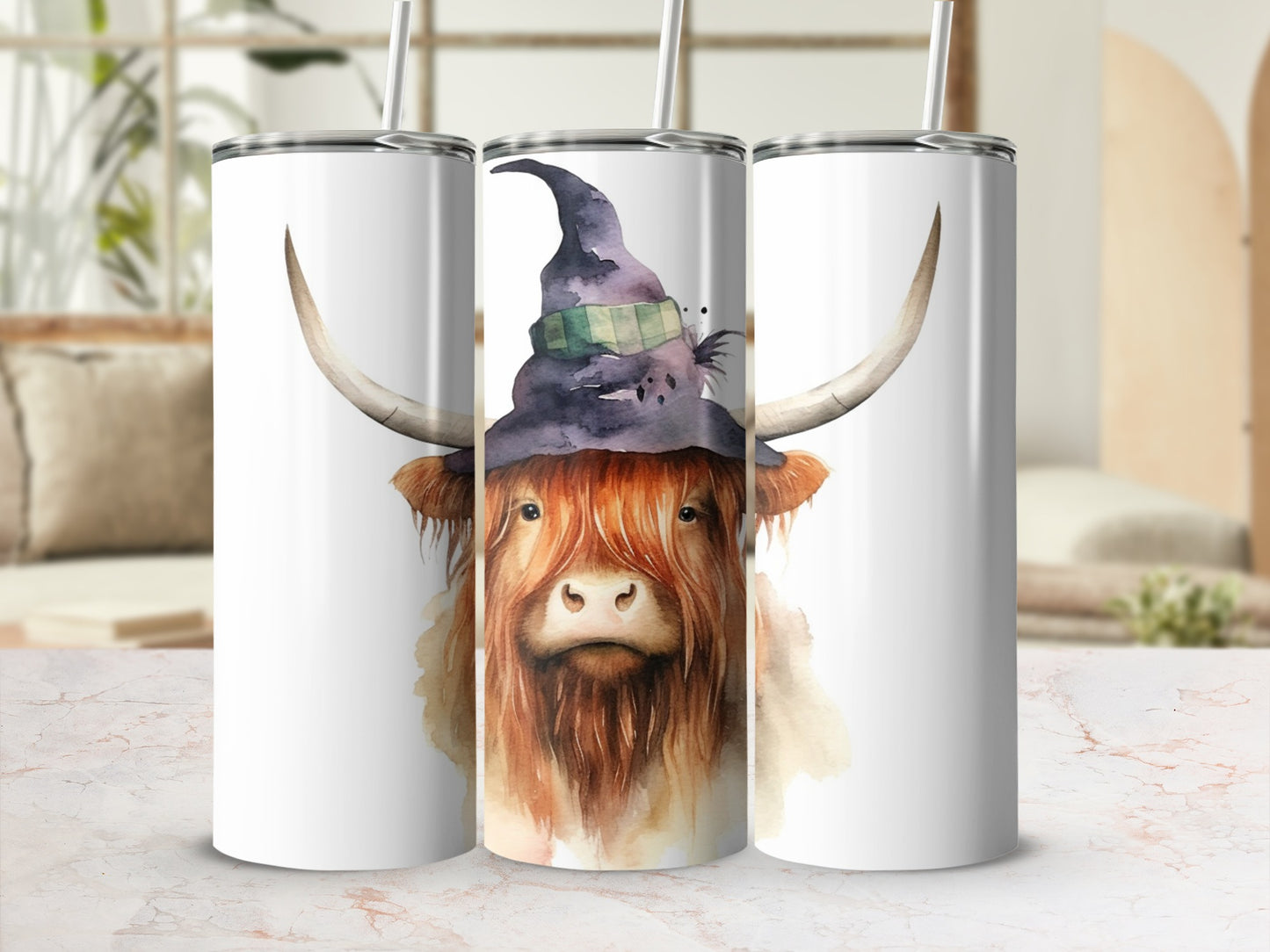 Highland cow with witch hat, watercolor art on a white tumbler.
