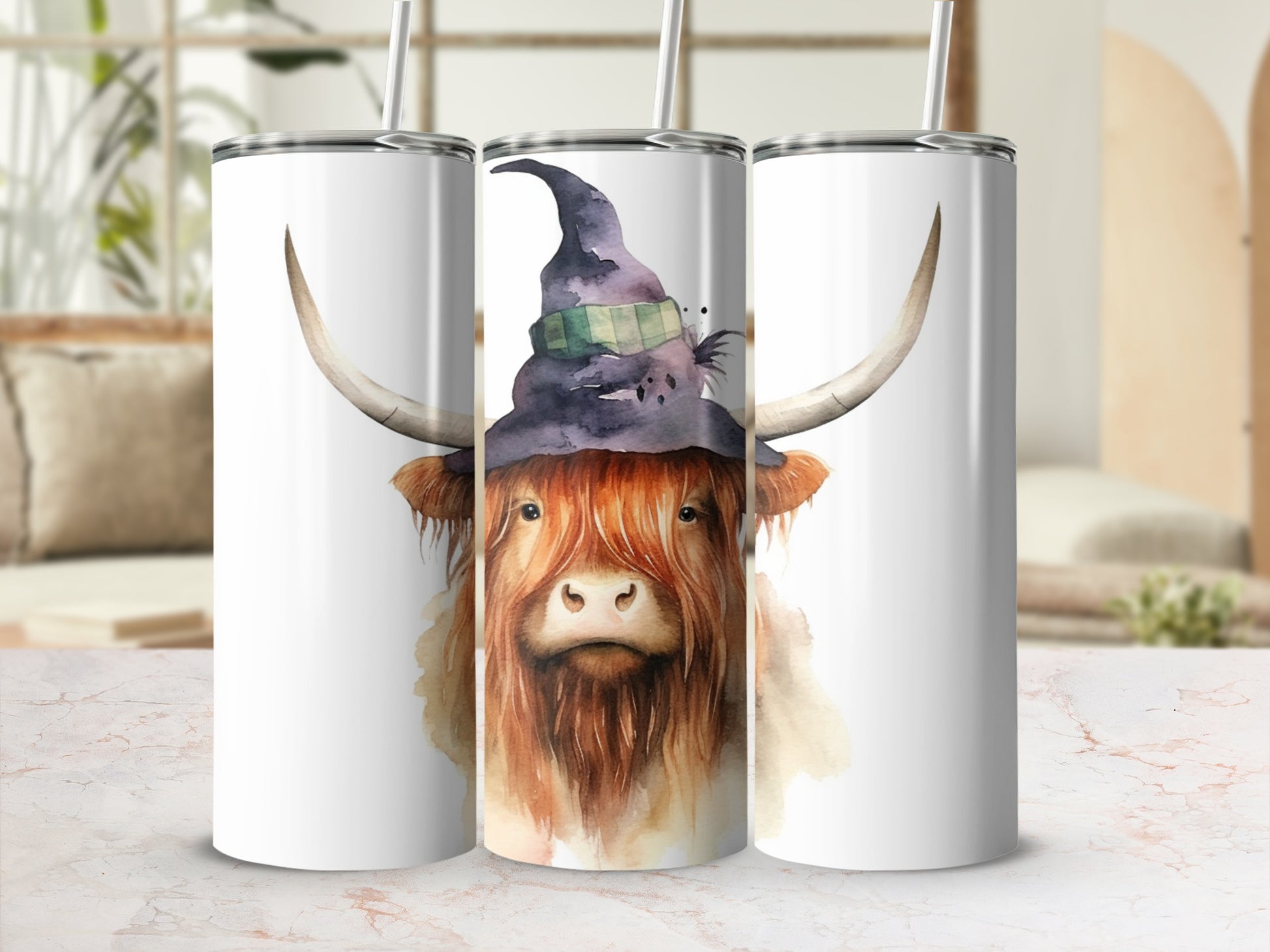 Highland cow with witch hat, watercolor art on a white tumbler.