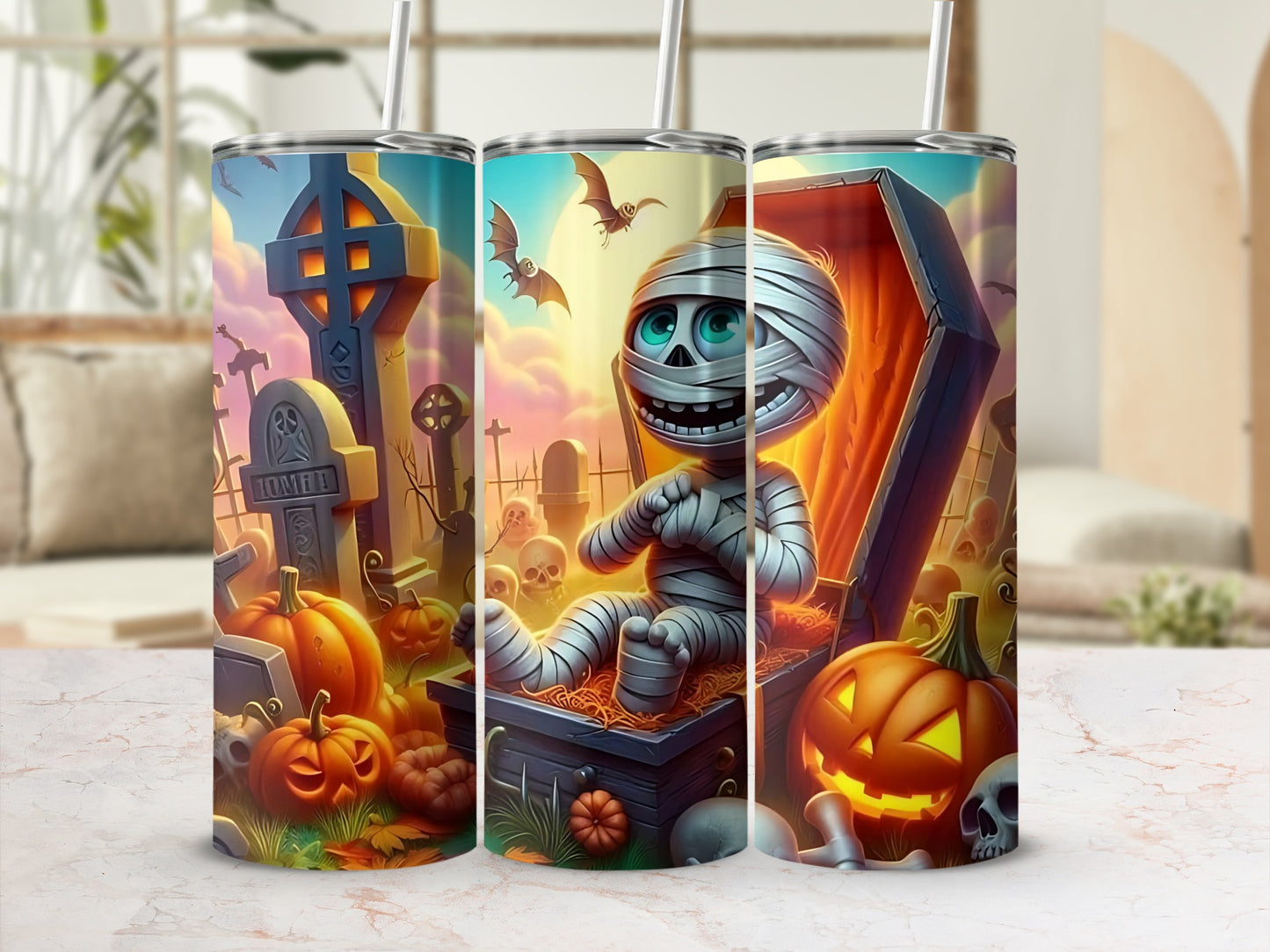 Halloween tumbler with mummy, pumpkins, skulls, and bats in a graveyard scene.