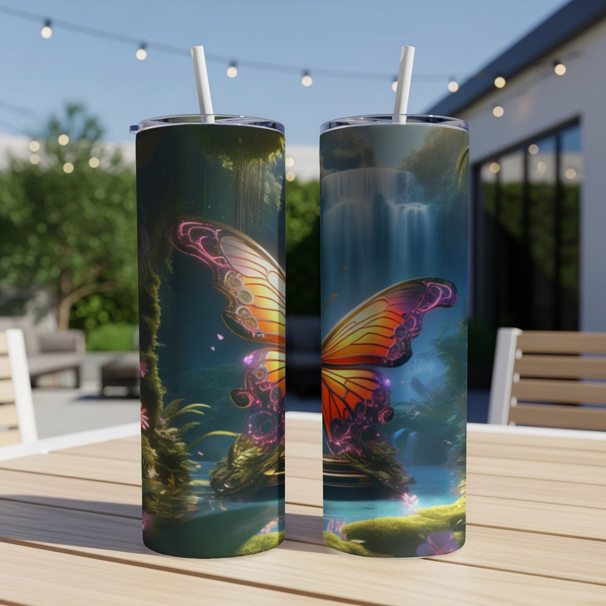 Two iridescent butterfly tumblers sit on a wooden table with a waterfall background.