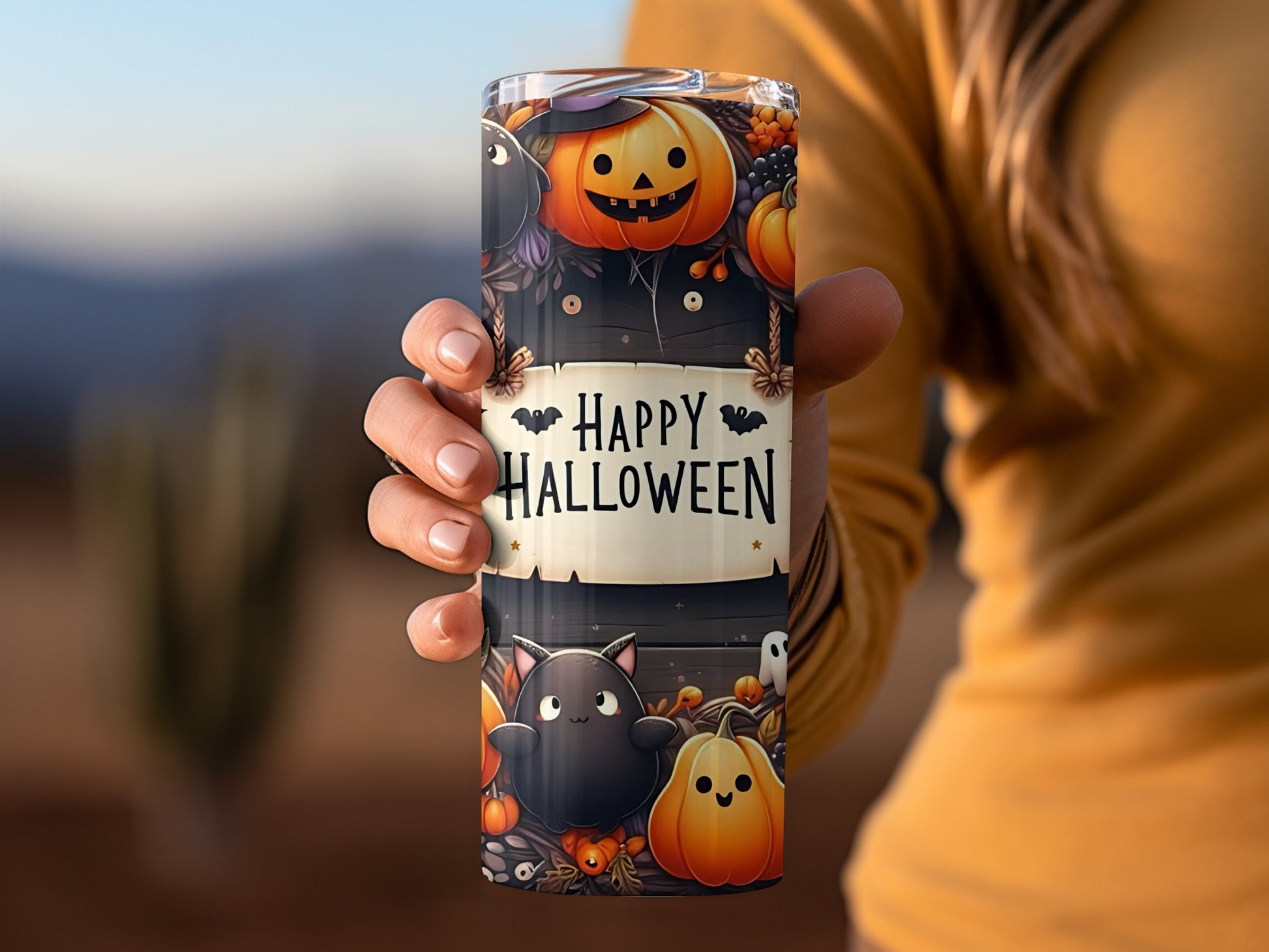 Happy Halloween Pumpkin and Cat Festive Design Tumbler