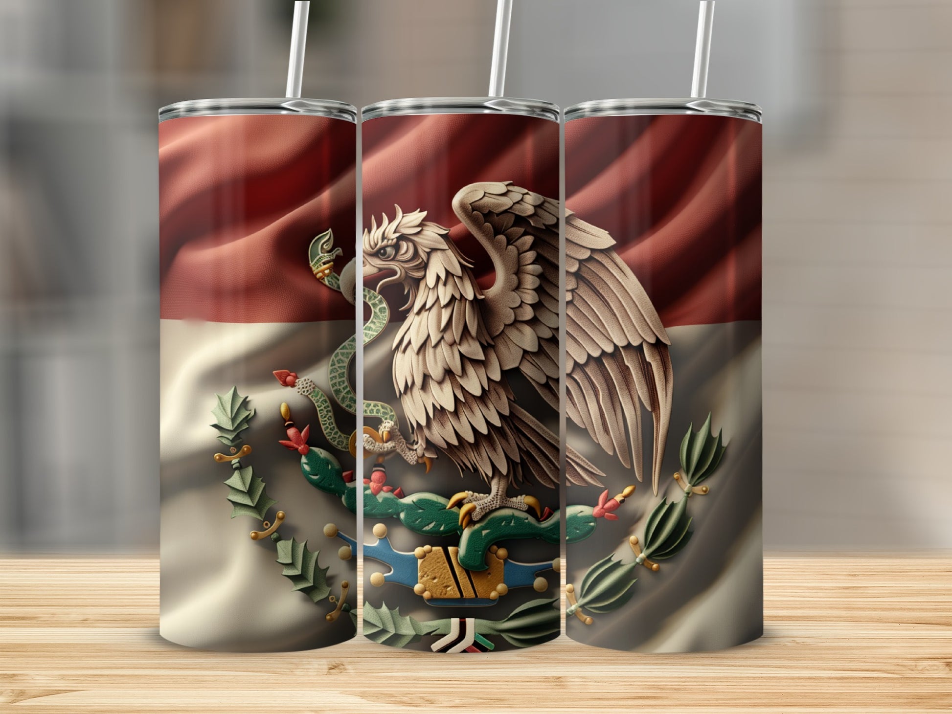 Three tumblers with the Mexican flag design on a wooden surface.