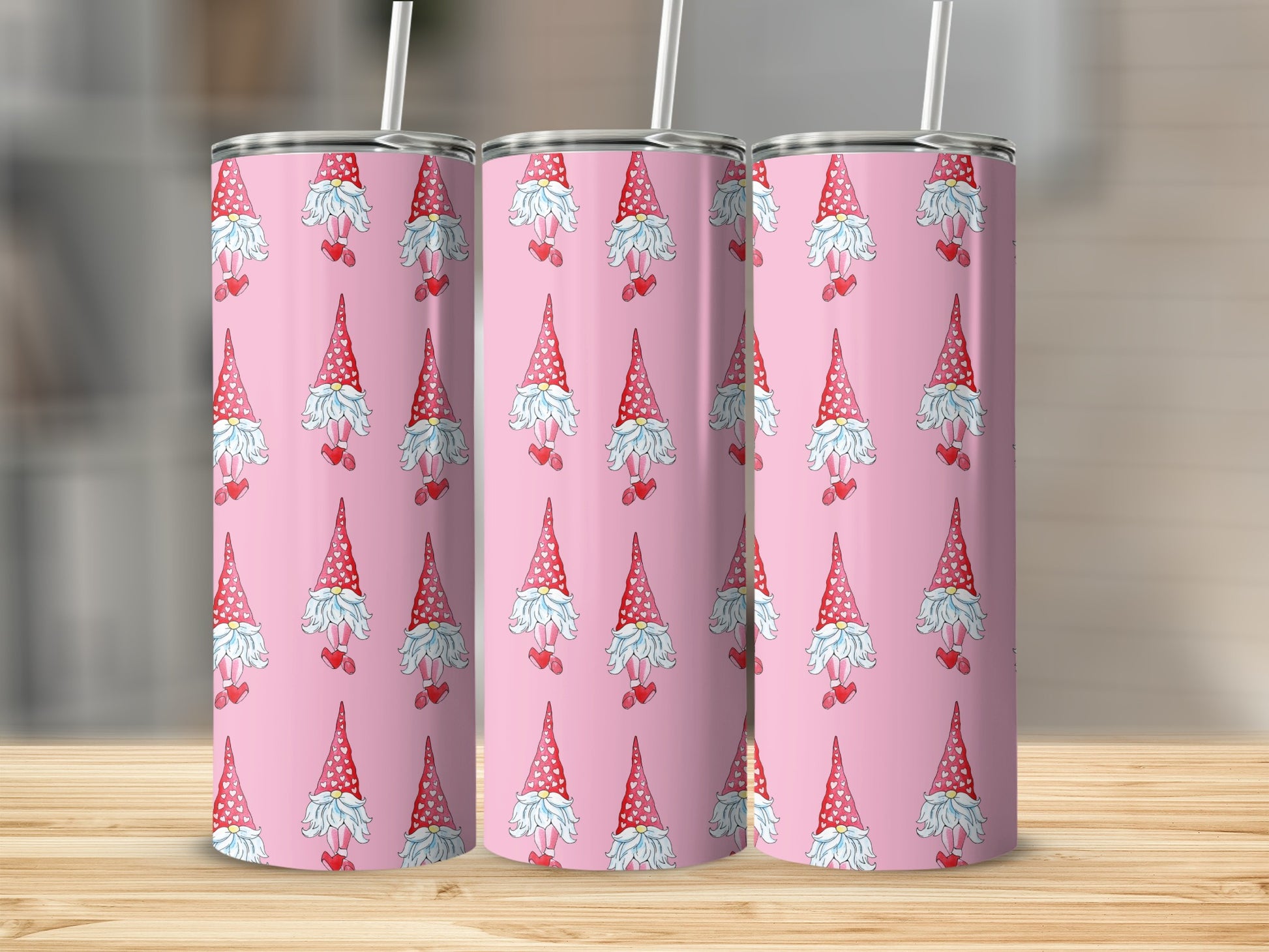 Adorable Pink Gnome Pattern on Tumbler with Straw