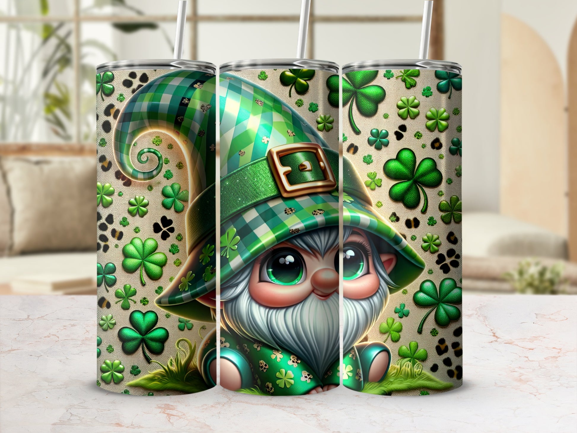Green gnome with shamrocks and plaid pattern on a tumbler.