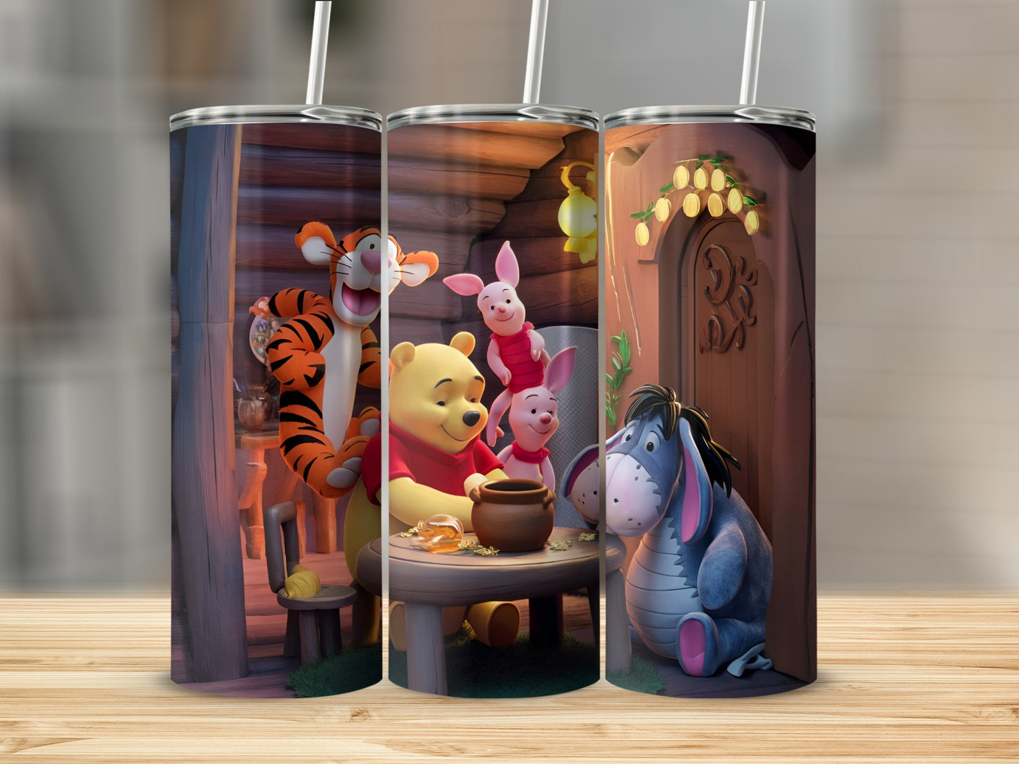 Winnie the Pooh Friends Inside A Log Cabin Scene Tumblers