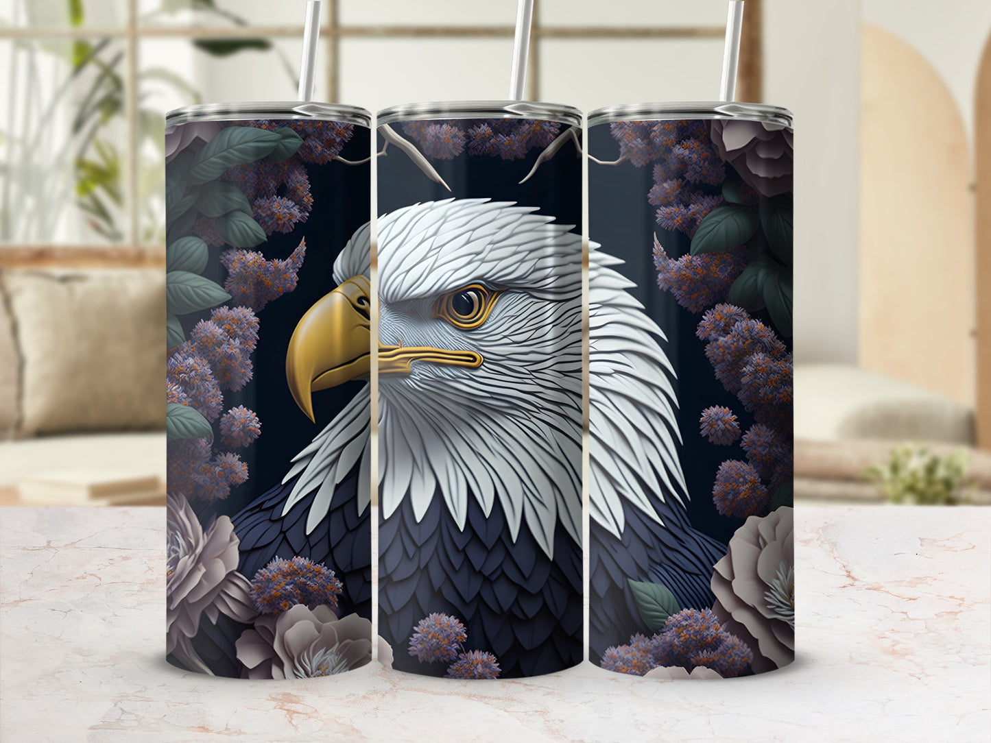 Eagle with floral accents on a dark background.
