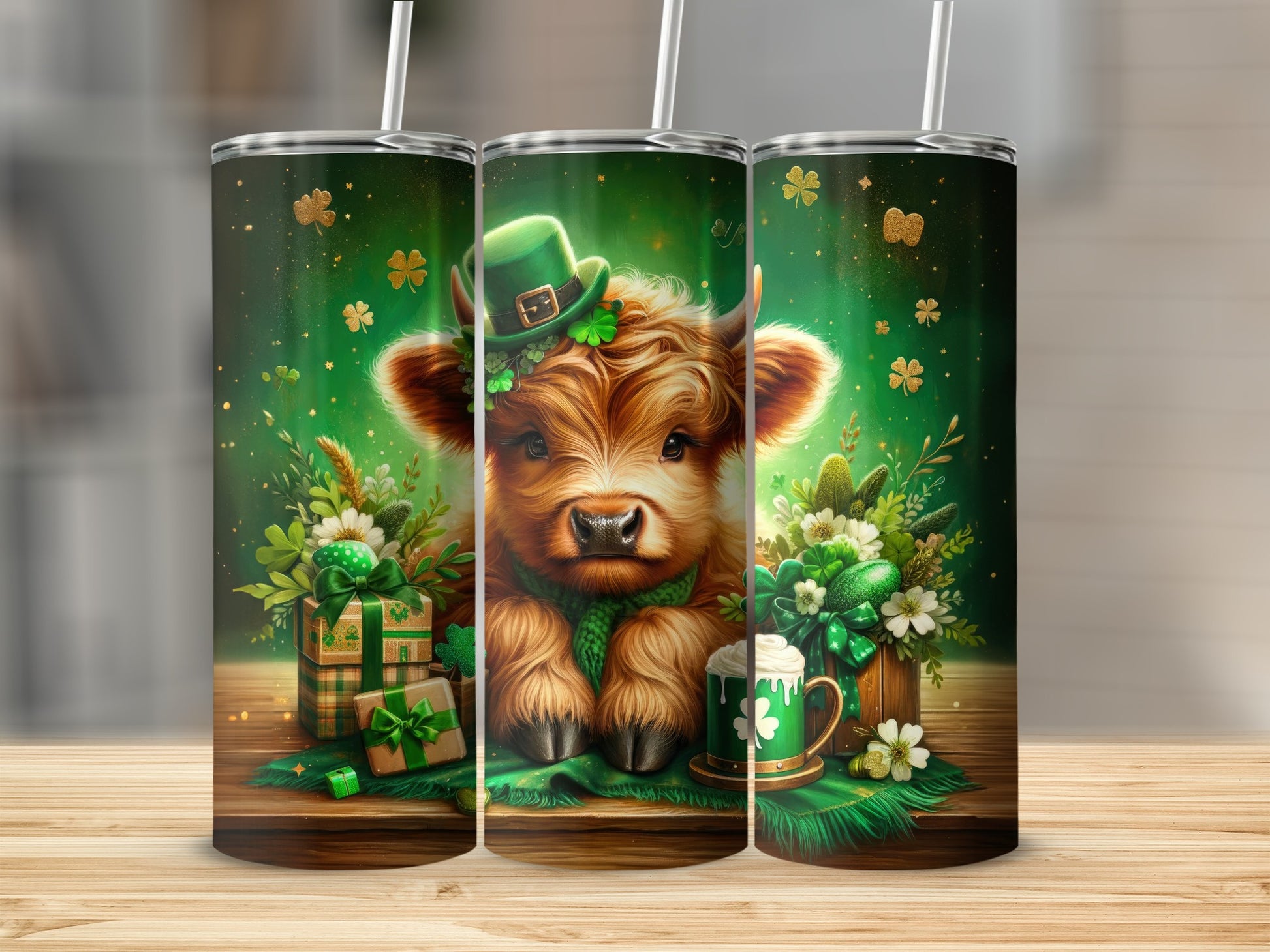 Highland cow with shamrocks and gifts, wearing a green hat.