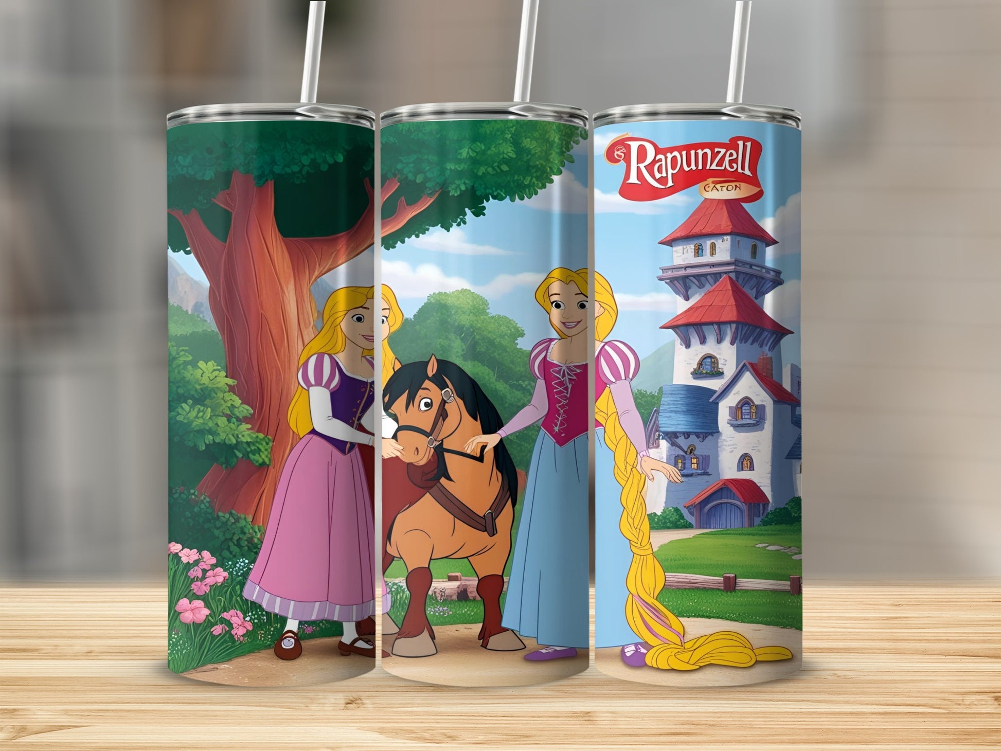 Rapunzel and Maximus with a castle, on a colorful tumbler.