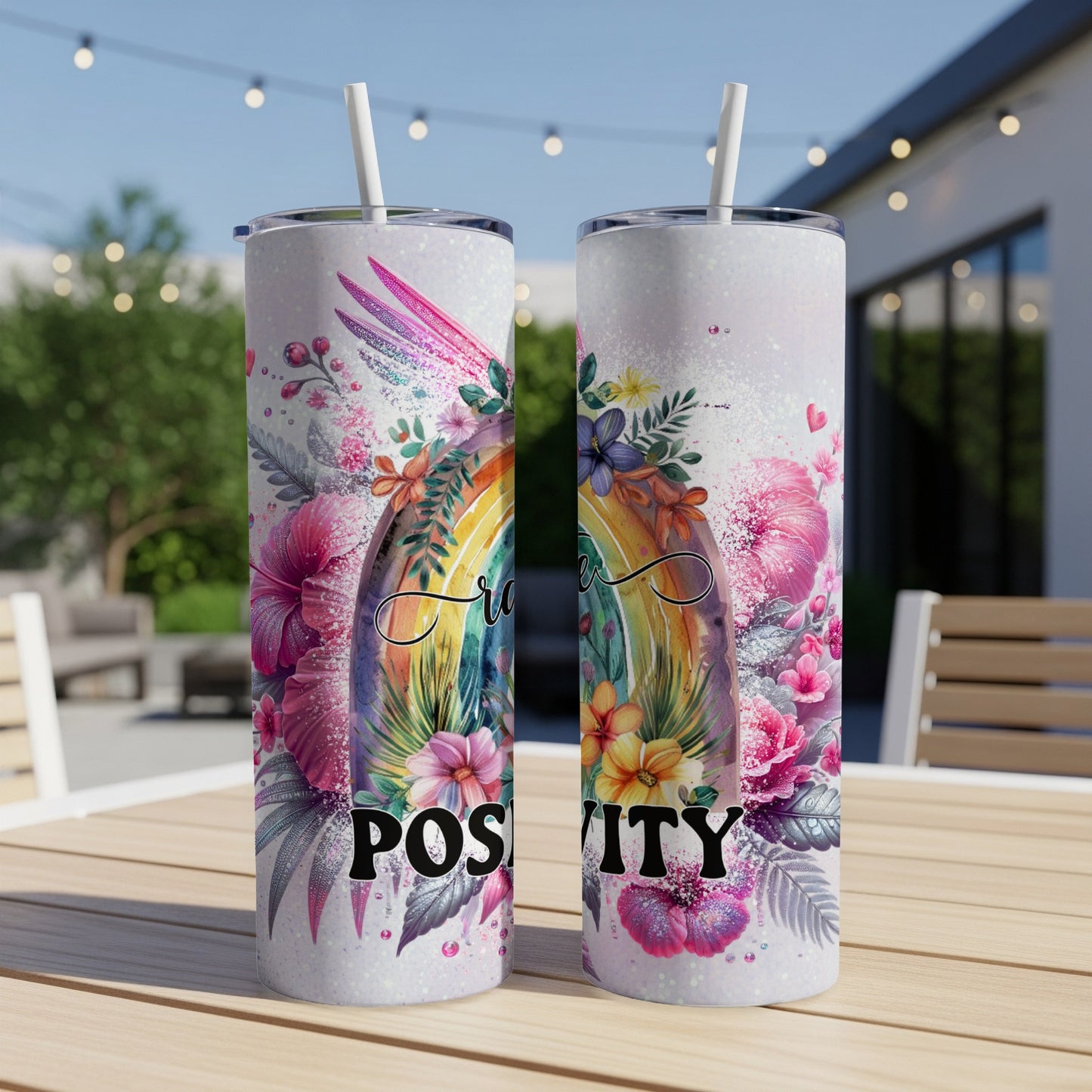 Two tumblers with rainbow and floral designs, "Positivity" text.