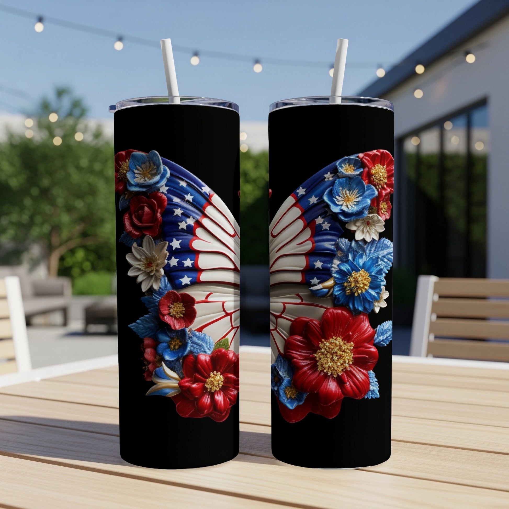 Two tumblers with a patriotic butterfly design.