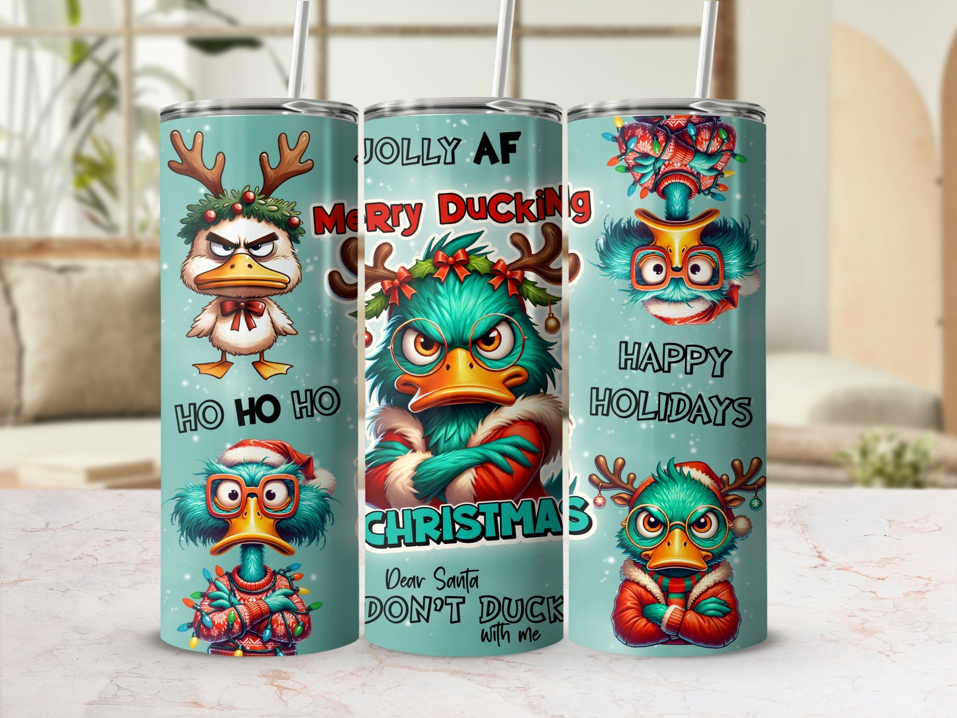 Christmas tumbler with four cartoon ducks, "Merry Ducking" and "Happy Holidays" text.